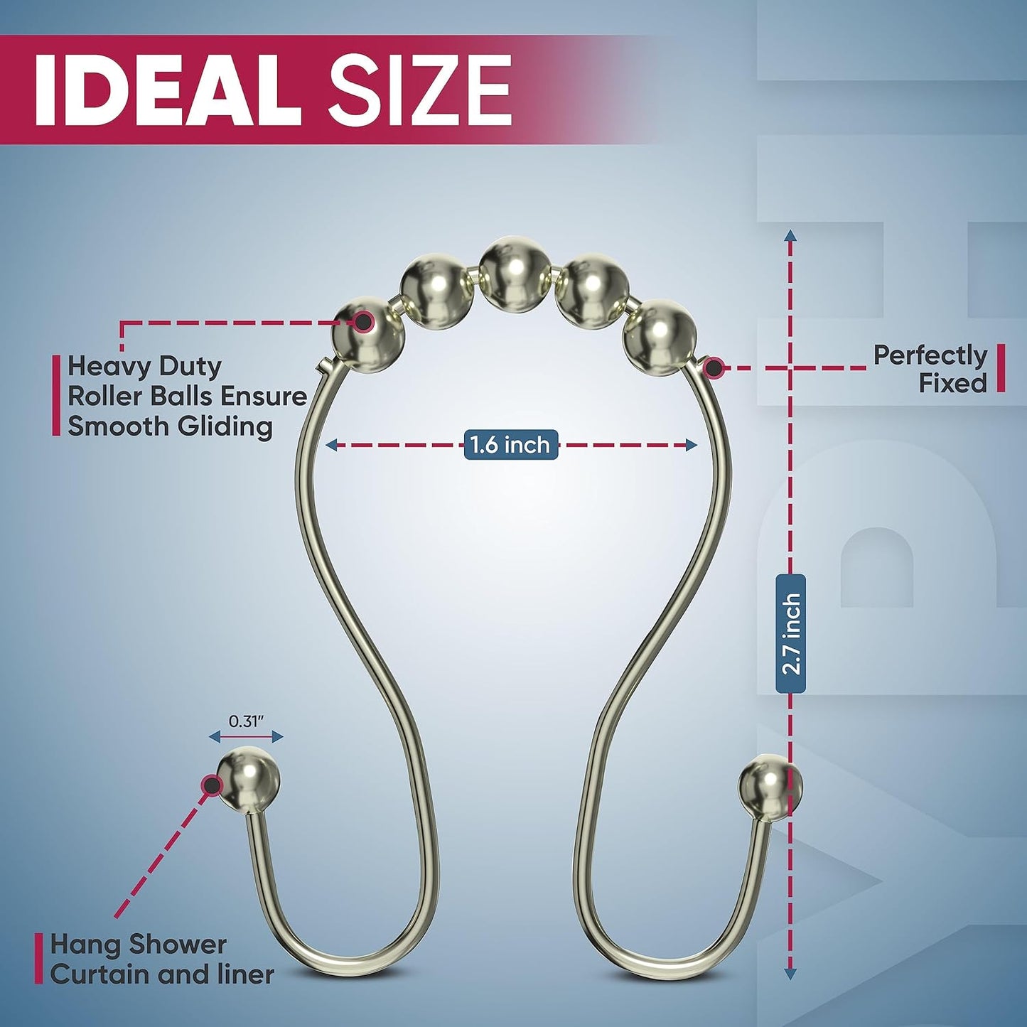 Shower Curtain Hooks Rust Proof (Set of 12) - Stainless Steel Shower Curtain Rings - Anti Slip Roller Balls for Easy Glide (Omega Double Hooks, Polished Nickel)