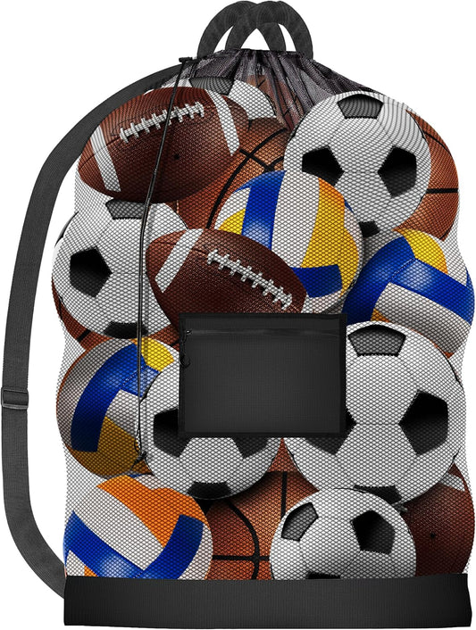 Mesh Ball Bag - Up to 15 Balls Large Capacity Sports Equipment Bag Carrier with Adjustable Strap and Drawstring Closure - For Soccer, Basketball, Volleyball