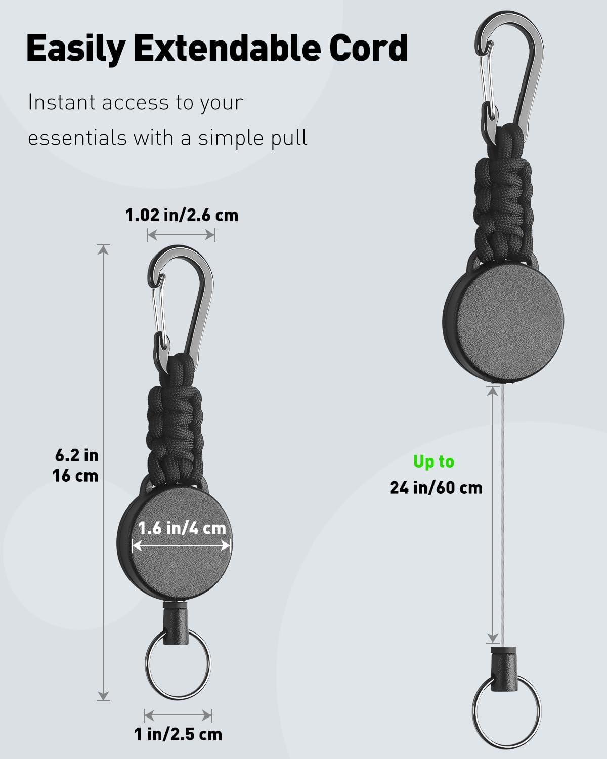 2 Pack Retractable Keychain, Retractable Key Holder, Heavy Duty Badge Reel for Keys and ID Card, Extendable Badge Holder Clip with Carabiner Paracord and Key Ring