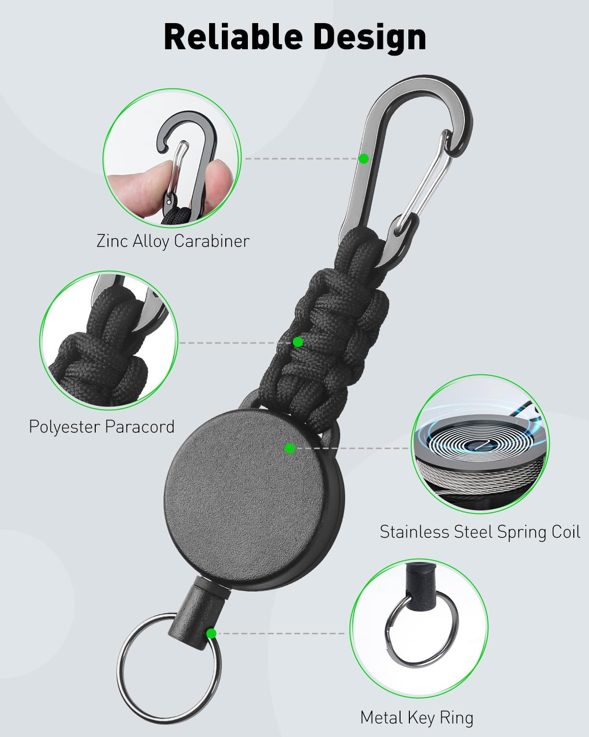 2 Pack Retractable Keychain, Retractable Key Holder, Heavy Duty Badge Reel for Keys and ID Card, Extendable Badge Holder Clip with Carabiner Paracord and Key Ring