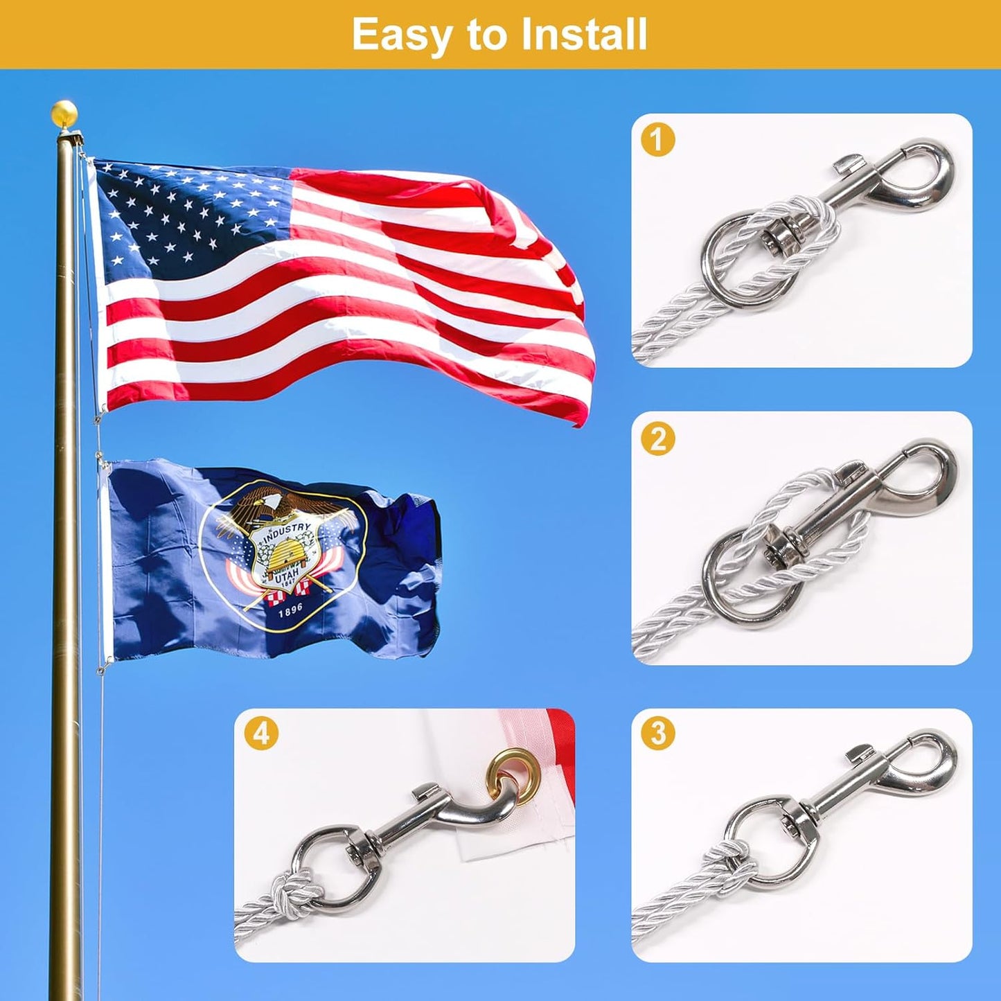 Flag Clips Flagpole Rope Hooks 4 Pcs Swivel Eye Bolt Snap Hooks, Stainless Steel Halyard Rope Clips for Dog Leash, Marine Boat & Diving