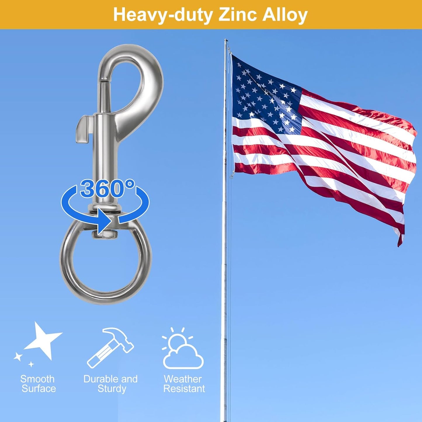Flag Clips Flagpole Rope Hooks 4 Pcs Swivel Eye Bolt Snap Hooks, Stainless Steel Halyard Rope Clips for Dog Leash, Marine Boat & Diving