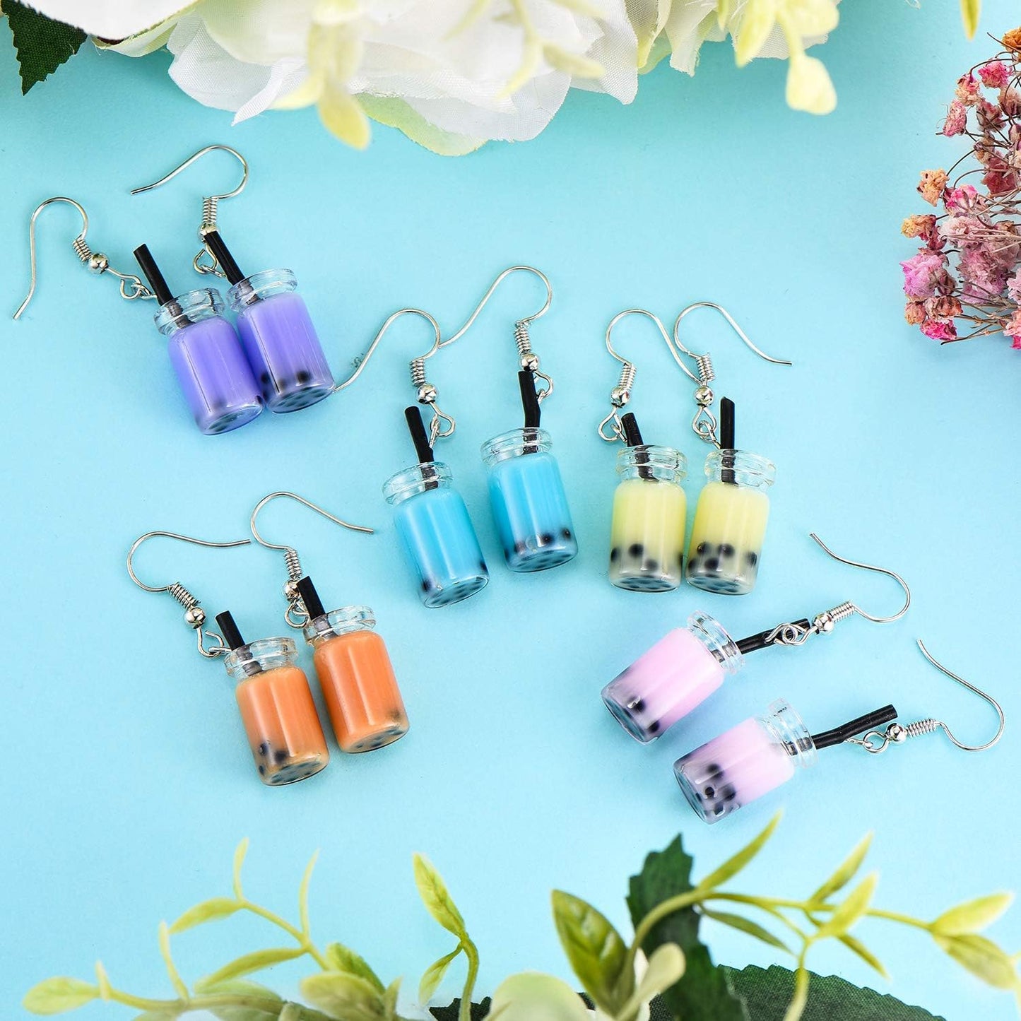 5 Pairs Cute Bubble Tea Dangle Earrings Bubble Milk Tea Drop Earrings Colorful Creative Funny Jewelry for Women Gift