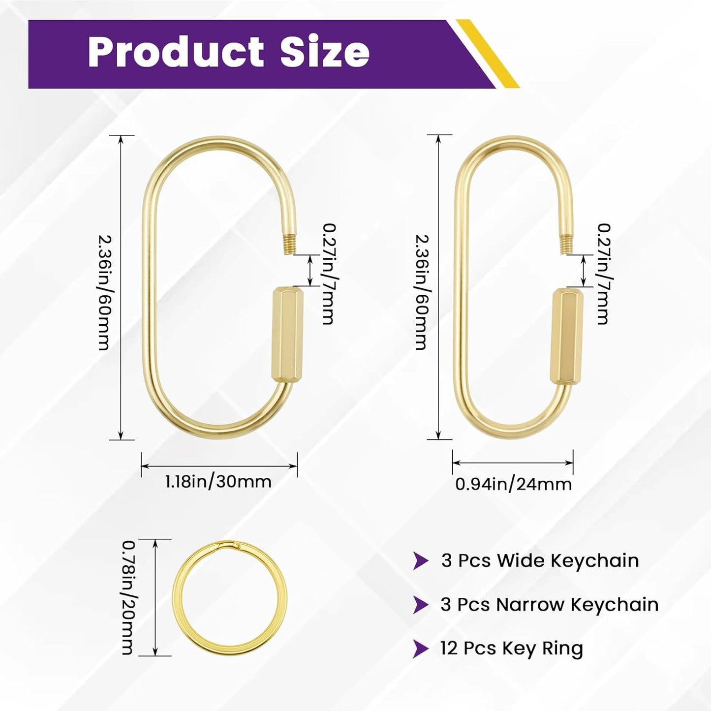 Brass Screw Lock Keychain Holder, 3 Sizes Key Ring Gold Carabiner Clip for Hanging Crafts and Various Keys