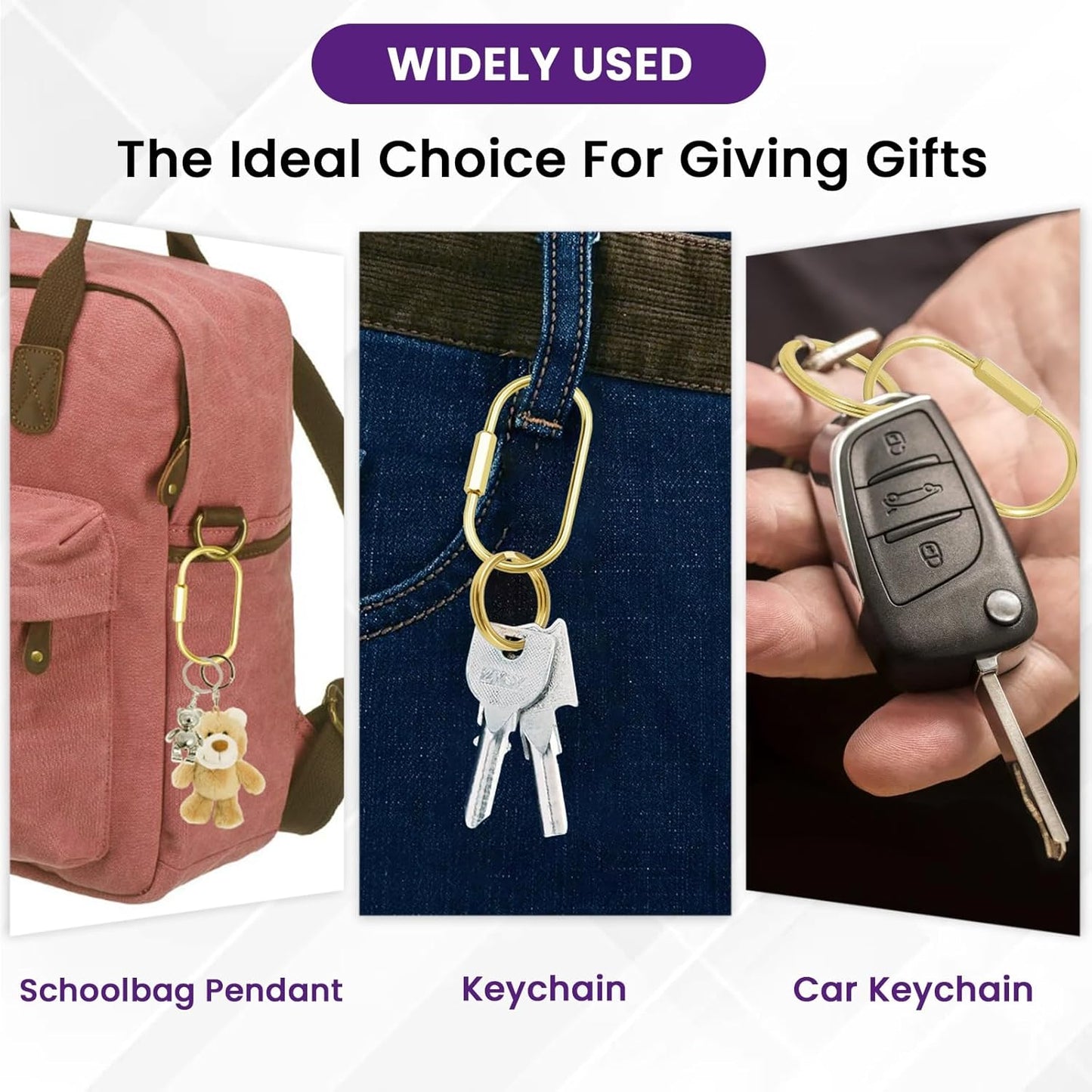Brass Screw Lock Keychain Holder, 3 Sizes Key Ring Gold Carabiner Clip for Hanging Crafts and Various Keys