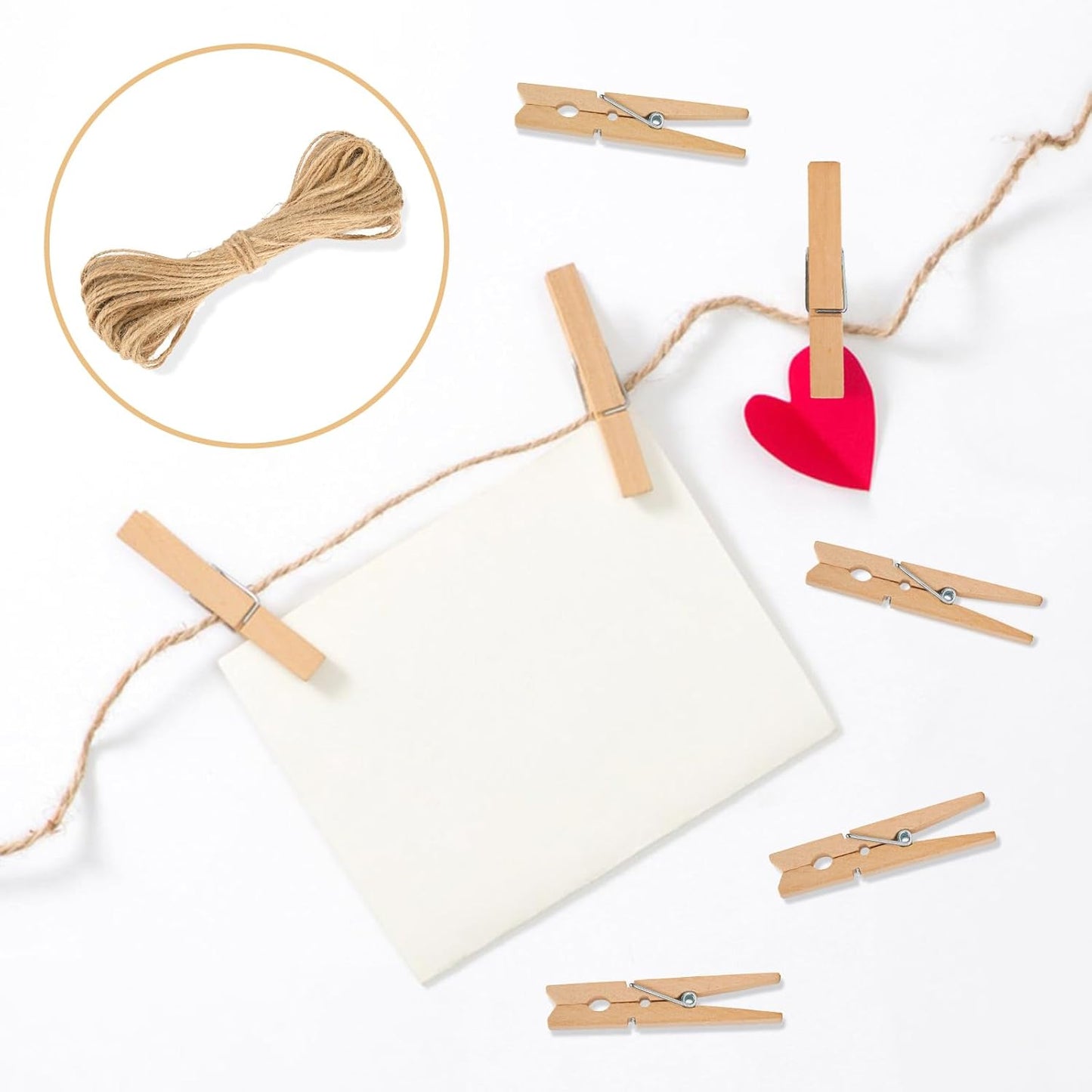 Wooden Clips with String, 50Pcs 2.9Inch Large Clothes Pins, Natural Brown Photo Hanging Clip, Wooden Decoration Clips for DIY Crafts, Storage Bags, Cheer Pins, Hanging Clothes
