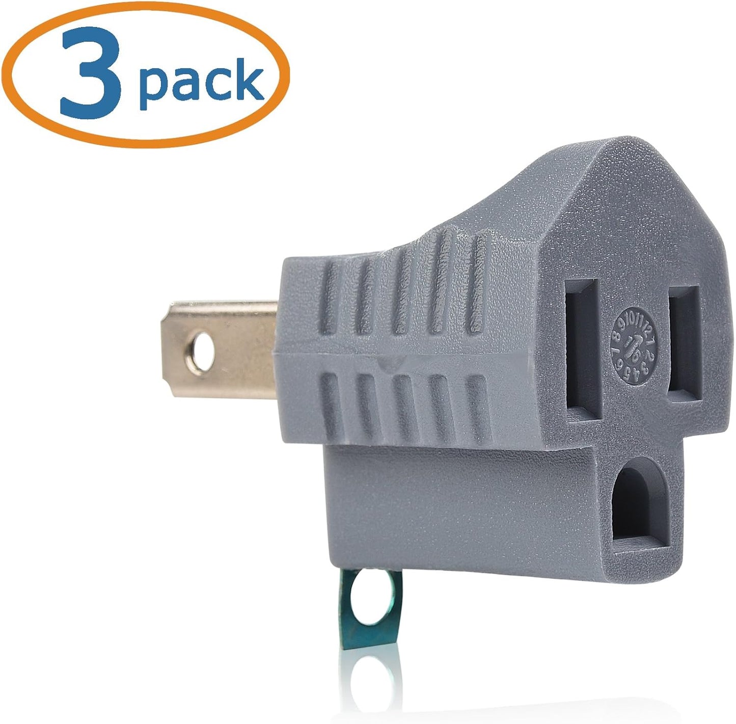[UL Listed] 3-Pack 2 Prong to 3 Prong Outlet Adapter in Gray, (3Prong to 2Prong Plug Adapter) - Allows a 2Prong Outlet to Accept 3Prong Plugs