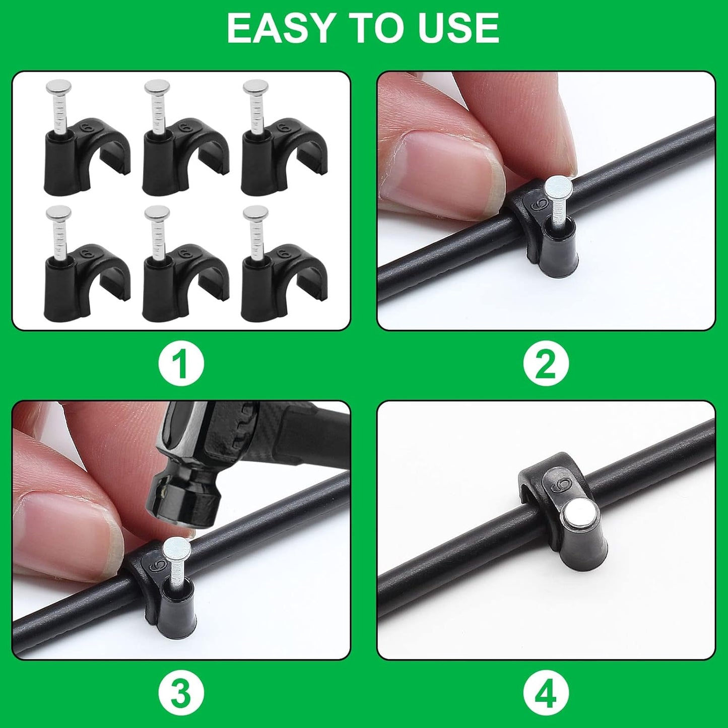100pcs 1/4" / 6mm Half Clamp J-Hook with Nail, Nail in Cable Clips Ethernet Cable Nails Tacks Clips, Black