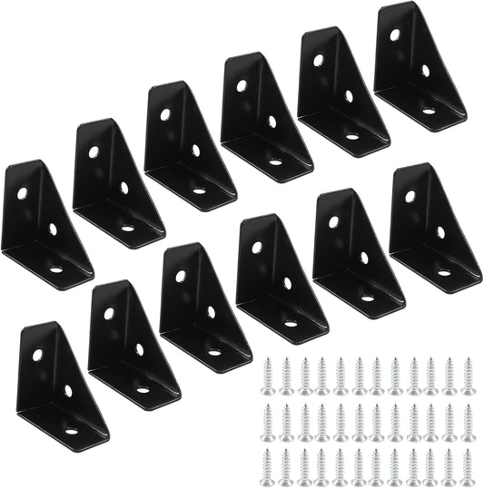12pcs Angle Corner Shelf Bracket 38mm x 38mm, Cold Rolled Steel Corner Support, Triangular Bracket with Screws for Desk Bed Corner (Black)