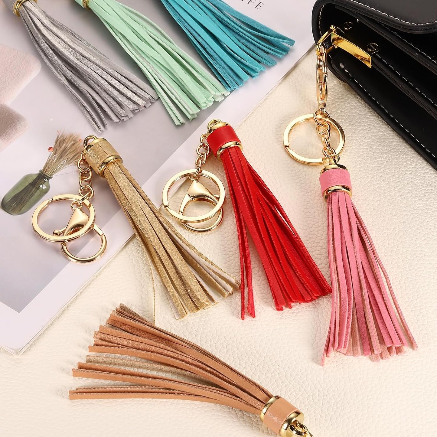 Leather Keychain Tassels, Women Tassel Bag Charm with Lobster Clasp Key Ring for Handbag Purse