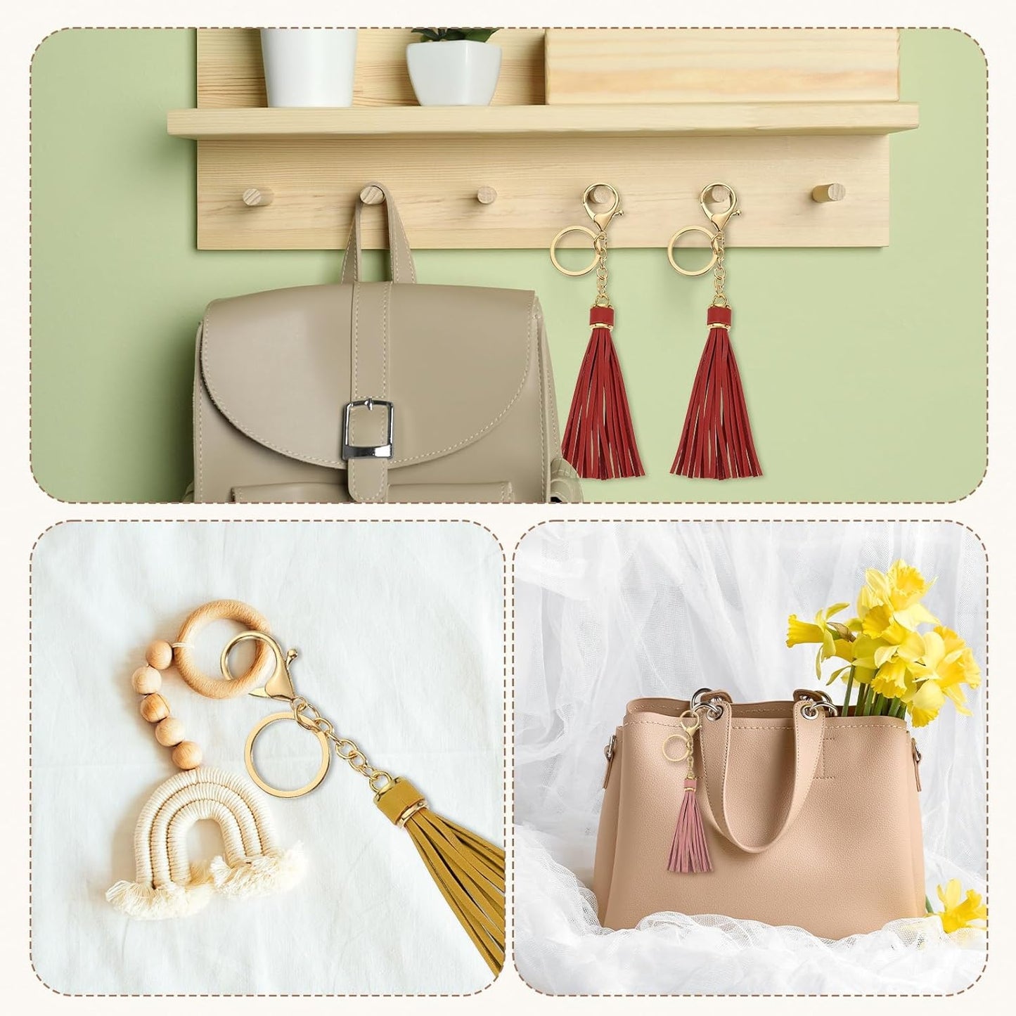Leather Keychain Tassels, Women Tassel Bag Charm with Lobster Clasp Key Ring for Handbag Purse