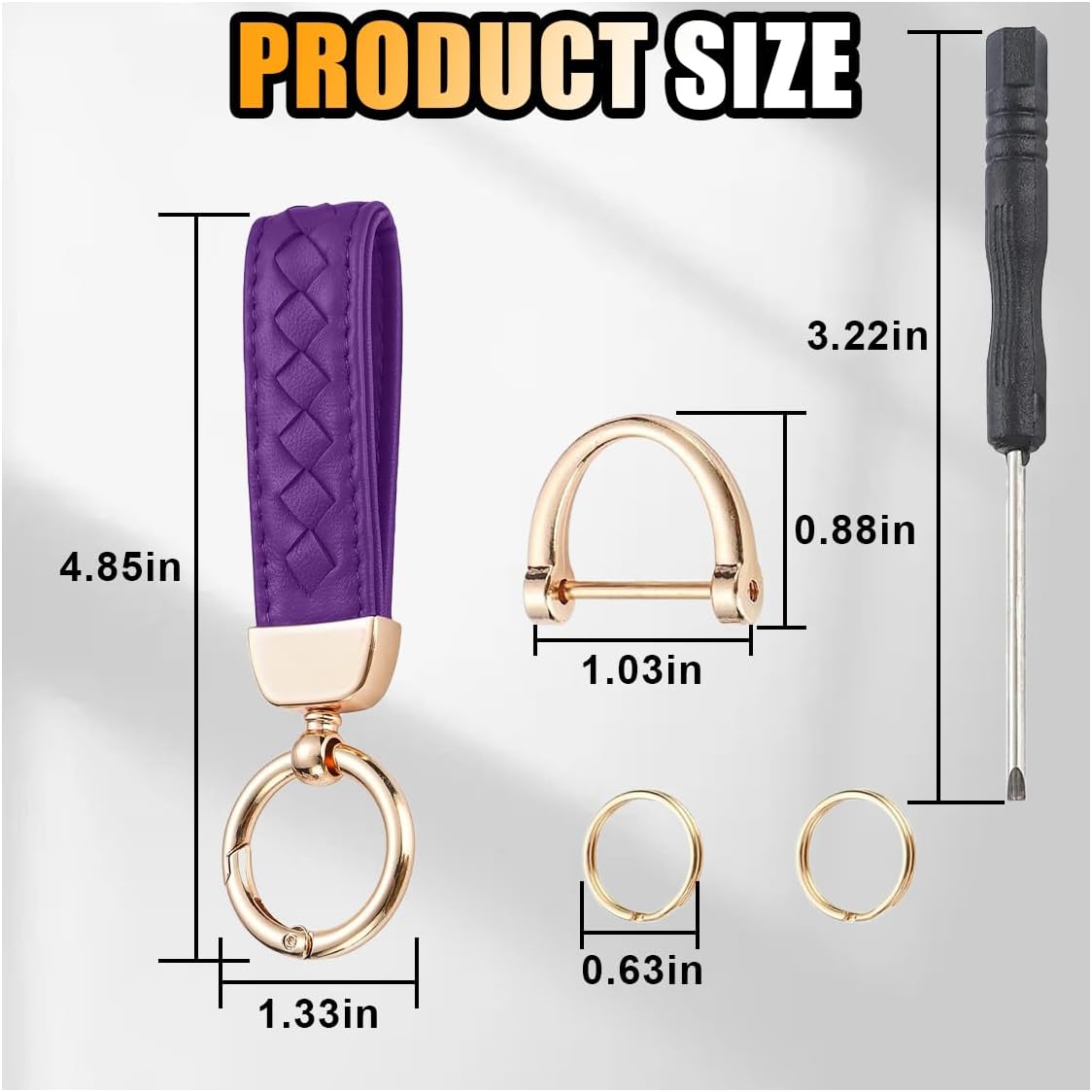 Genuine Leather Car Keychain, 360 Degree Rotatable Handmade Knit Sheepskin Keychain, Key Fob Holder with Anti-Lost D-Ring (Purple)