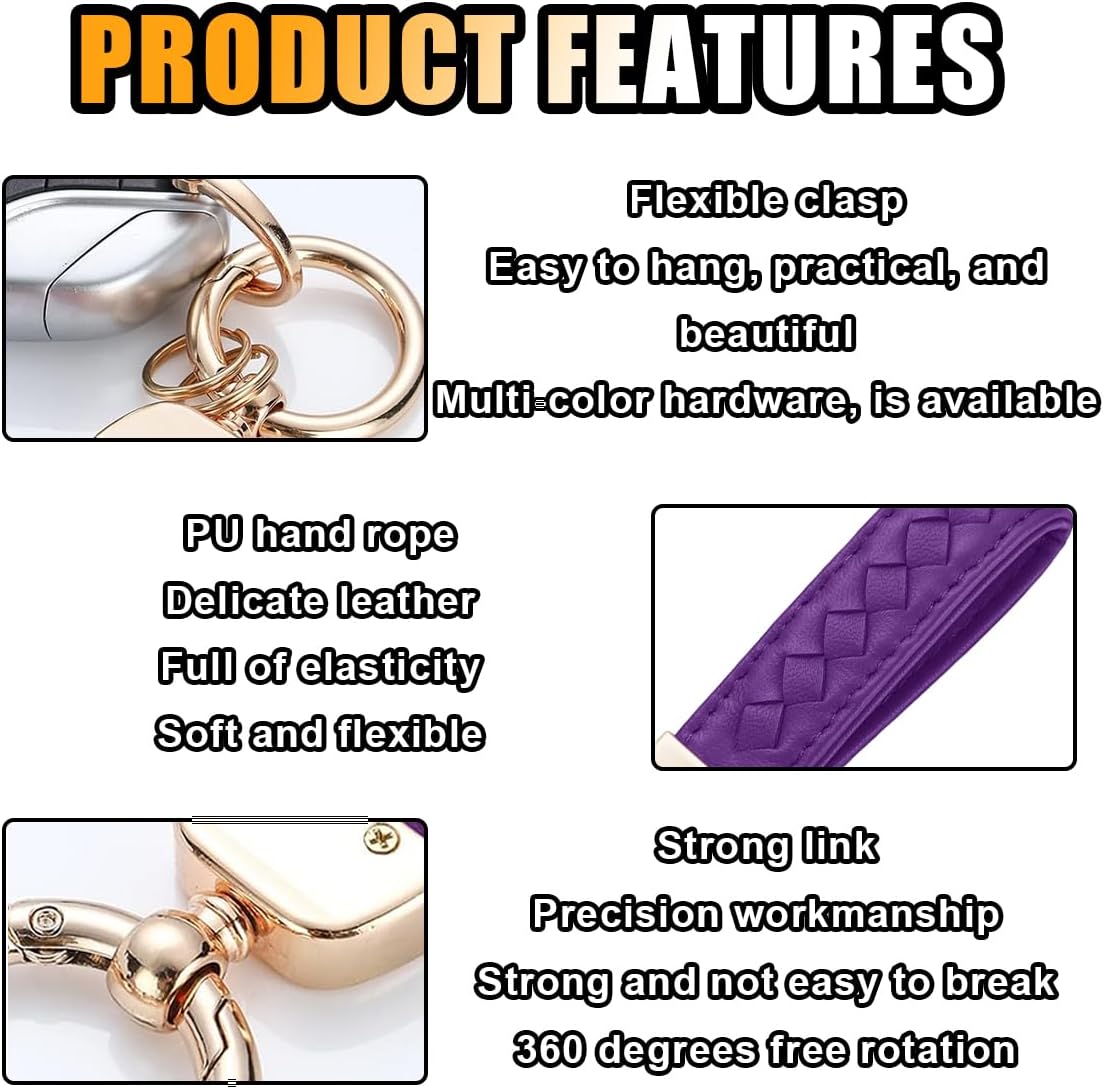 Genuine Leather Car Keychain, 360 Degree Rotatable Handmade Knit Sheepskin Keychain, Key Fob Holder with Anti-Lost D-Ring (Purple)