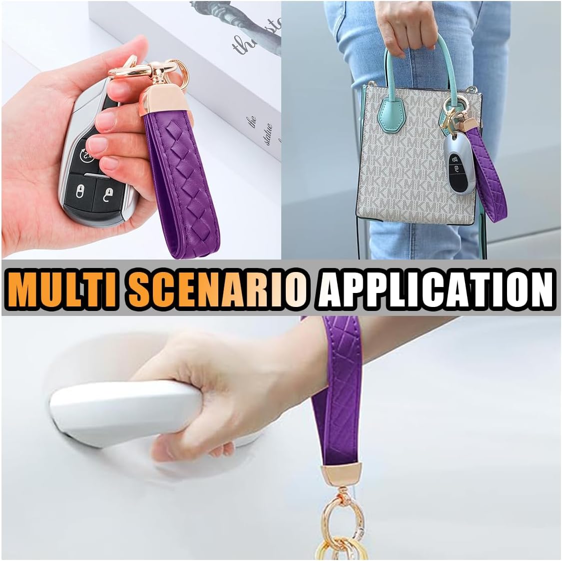 Genuine Leather Car Keychain, 360 Degree Rotatable Handmade Knit Sheepskin Keychain, Key Fob Holder with Anti-Lost D-Ring (Purple)