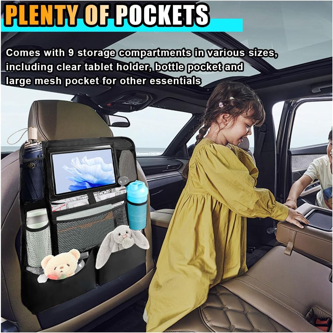 2PCS Car Backseat Organizer, Automotive Kick Mats Back Seat Protector for Kids, Vehicle Storage Organizer with 9 Pockets & Touch Screen Tablet Holder, Auto Travel Accessories for Truck SUV (Black)