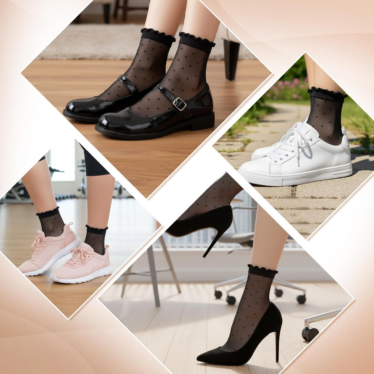 3 Pairs Women Sheer Ankle Socks, Ruffle Polka Dot Lace Mesh Black Sheer Socks, Nylon Stretchy Breathable Thin Fishnet Dress Sock with Reinforced Toe, Elegant Casual Stockings for Summer