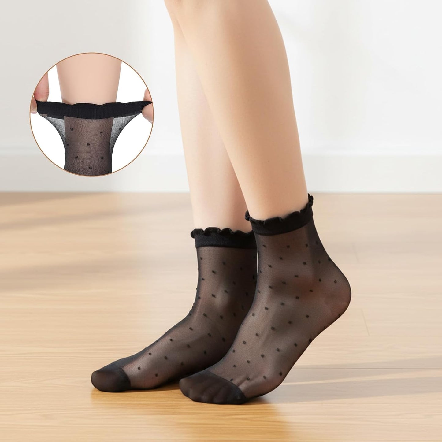 3 Pairs Women Sheer Ankle Socks, Ruffle Polka Dot Lace Mesh Black Sheer Socks, Nylon Stretchy Breathable Thin Fishnet Dress Sock with Reinforced Toe, Elegant Casual Stockings for Summer