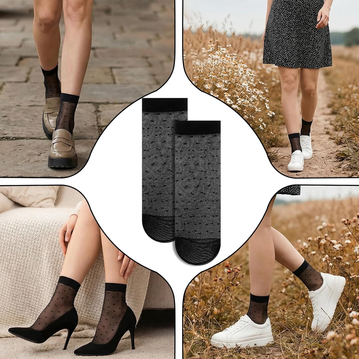 3 Pairs Women Sheer Ankle Socks, Black Polka Dot Short Stockings with Dots Patterns, Nylon Mesh Lace Breathable See Through Reinforced Toe Dress Socks for Summer Casual Elegant Wear
