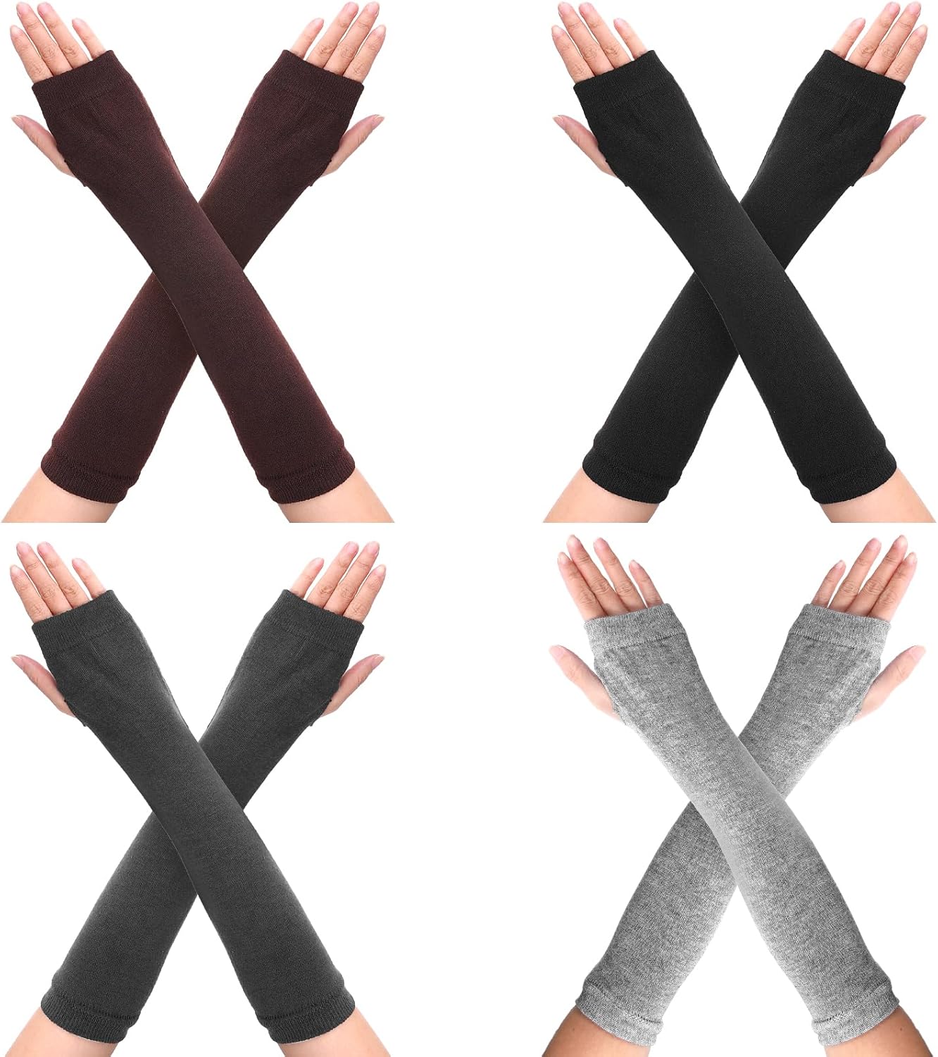 4 Pairs Arm Warmers Women Winter Long Fingerless Gloves Knit Mitten Elbow Length Gloves with Thumb Hole, Warm and Comfortable (Black, Coffee, Dark Gray, Light Gray)