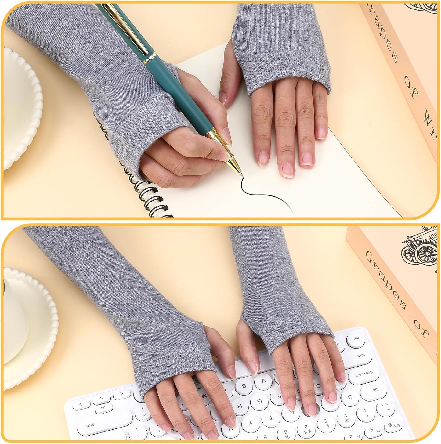 4 Pairs Arm Warmers Women Winter Long Fingerless Gloves Knit Mitten Elbow Length Gloves with Thumb Hole, Warm and Comfortable (Black, Coffee, Dark Gray, Light Gray)