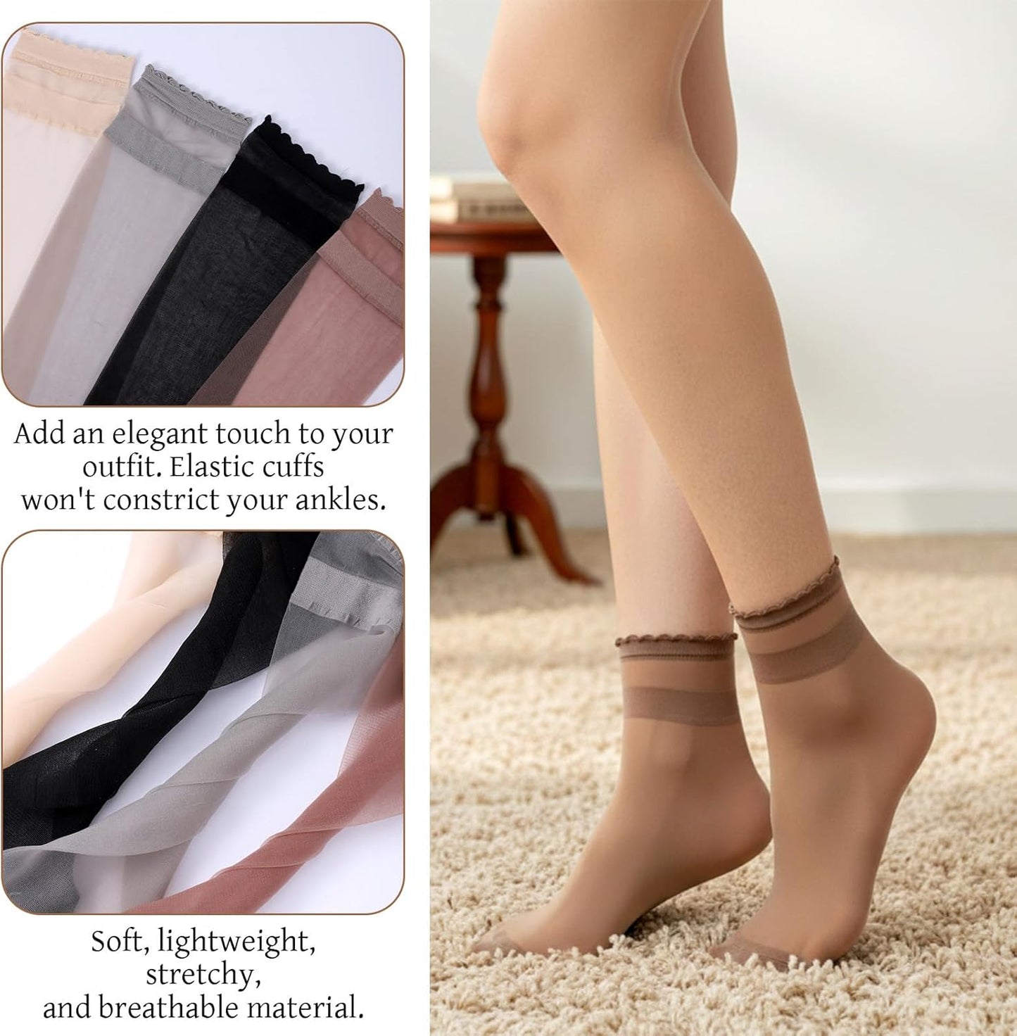8 Pairs Womens Sheer Ruffle Socks, Ultra Thin Nude Ankle Socks, See Through Silk Nylon Stockings, Anti-Slip Invisible Elastic Short Sheer Sock for Women, Cool Breathable Summer Sock (4 Colors)
