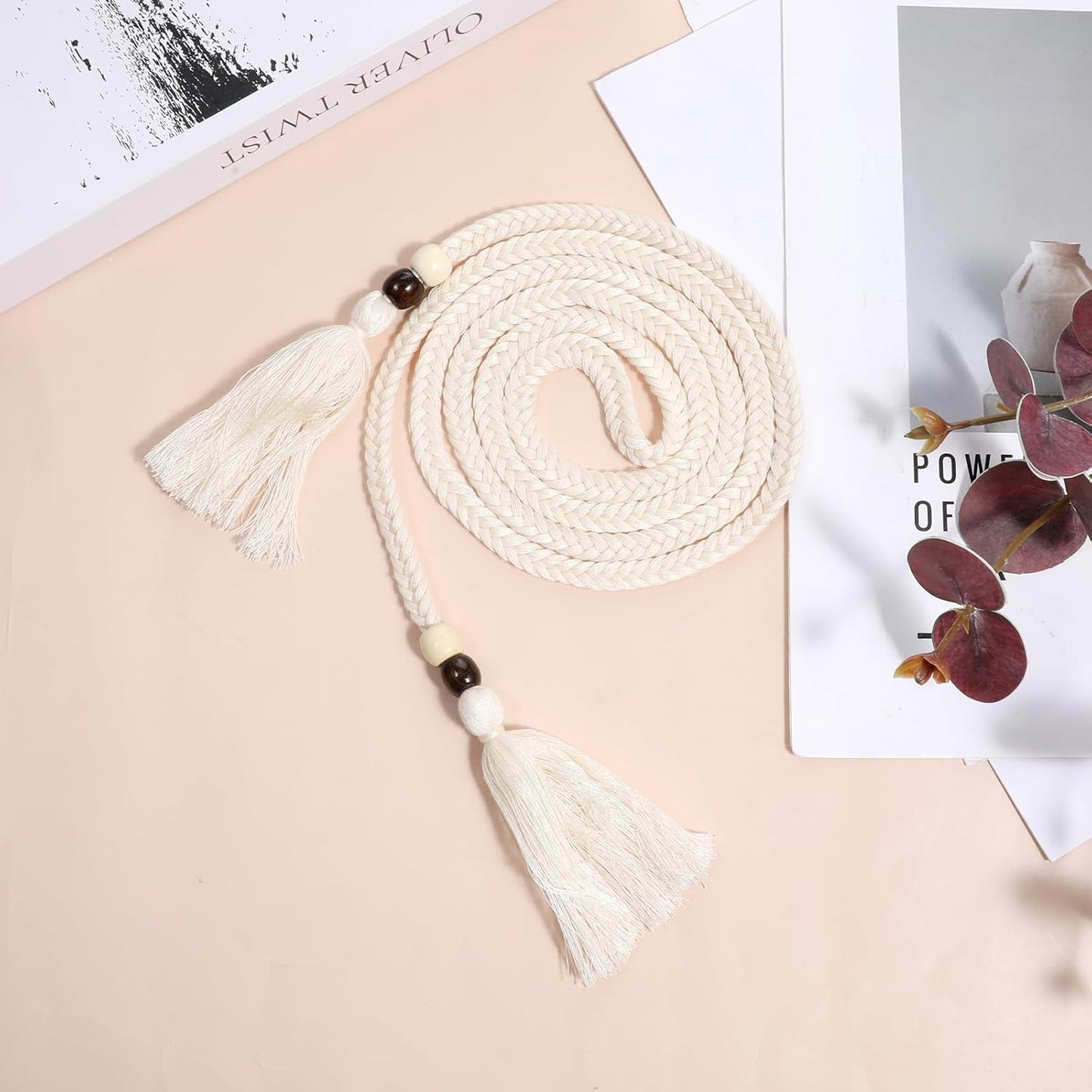 Women's Braided Knotted Waist Belt, Skinny Boho Chain Fringe Tie Belt with Wooden Beads Decorative Beaded Belts Waistband for Women Dresses, Skirts, Tunics Boho Outfits (White)