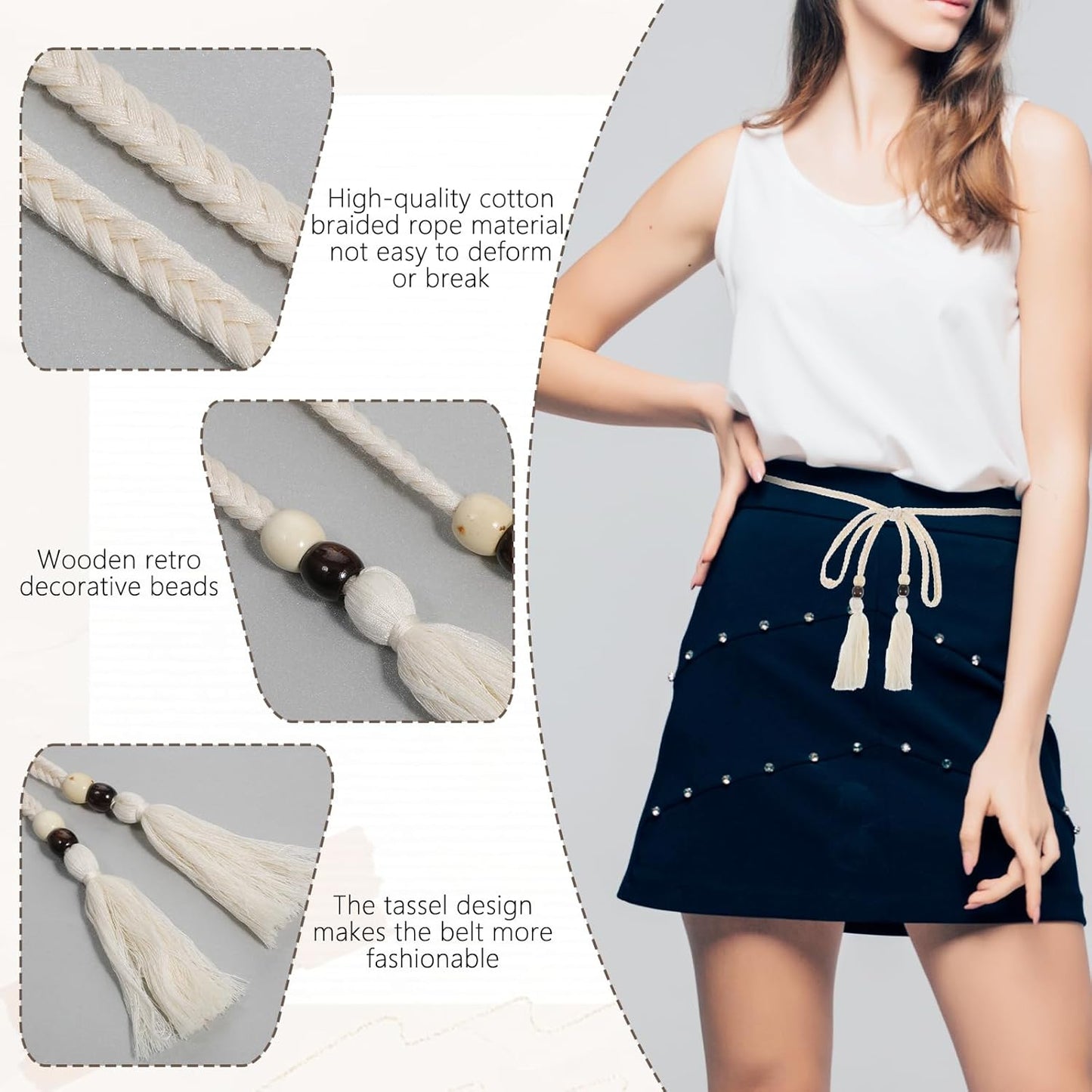 Women's Braided Knotted Waist Belt, Skinny Boho Chain Fringe Tie Belt with Wooden Beads Decorative Beaded Belts Waistband for Women Dresses, Skirts, Tunics Boho Outfits (White)