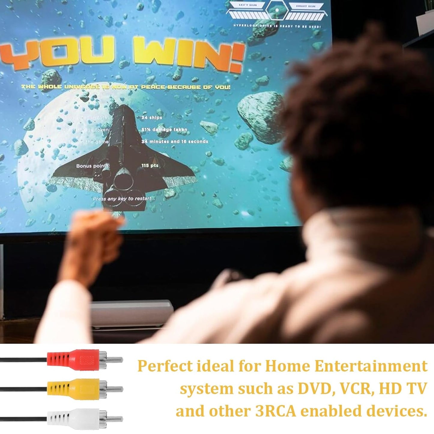 5FT RCA Audio Video Composite Cable, AV Cable Red/White/Yellow 3 Male to 3 Male for TV, DVD, VCR, Projector, Amplifier, Speaker, Satellite, Home Theater Receivers