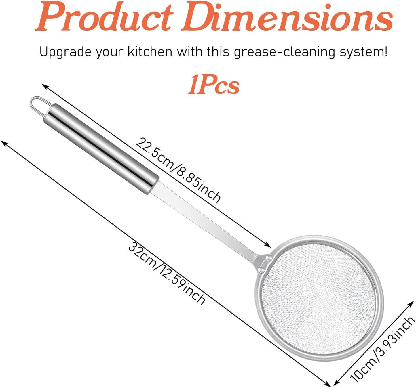 Stainless Steel Fat Skimmer Spoon 4” Fine Mesh Strainer with 9” Heat-Resistant Handle Grease Strainer Spoon Fat Separator for Cooking Frying Quinoa Soup Miso Foam Grease