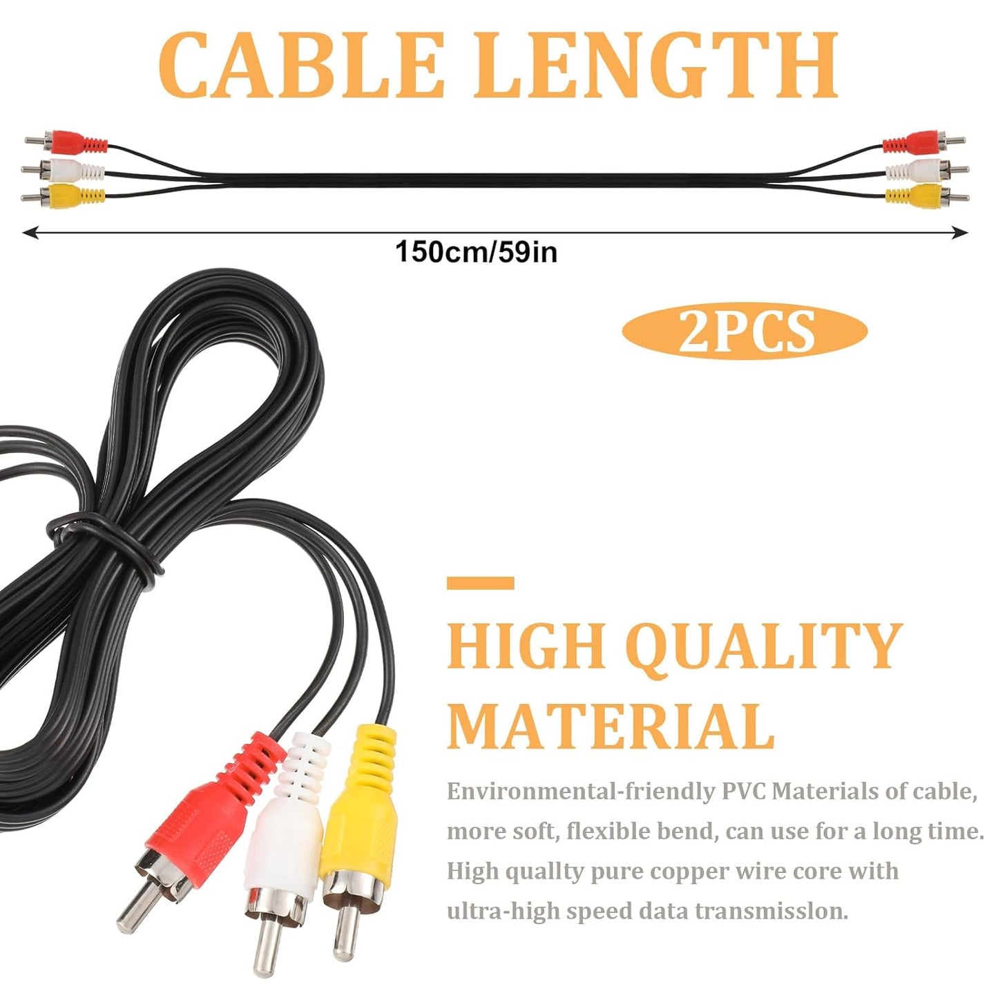 2 Pcs 5FT RCA Audio Video Composite Cable, AV Cable Red/White/Yellow 3 Male to 3 Male for TV, DVD, VCR, Projector, Amplifier, Speaker, Satellite, Home Theater Receivers