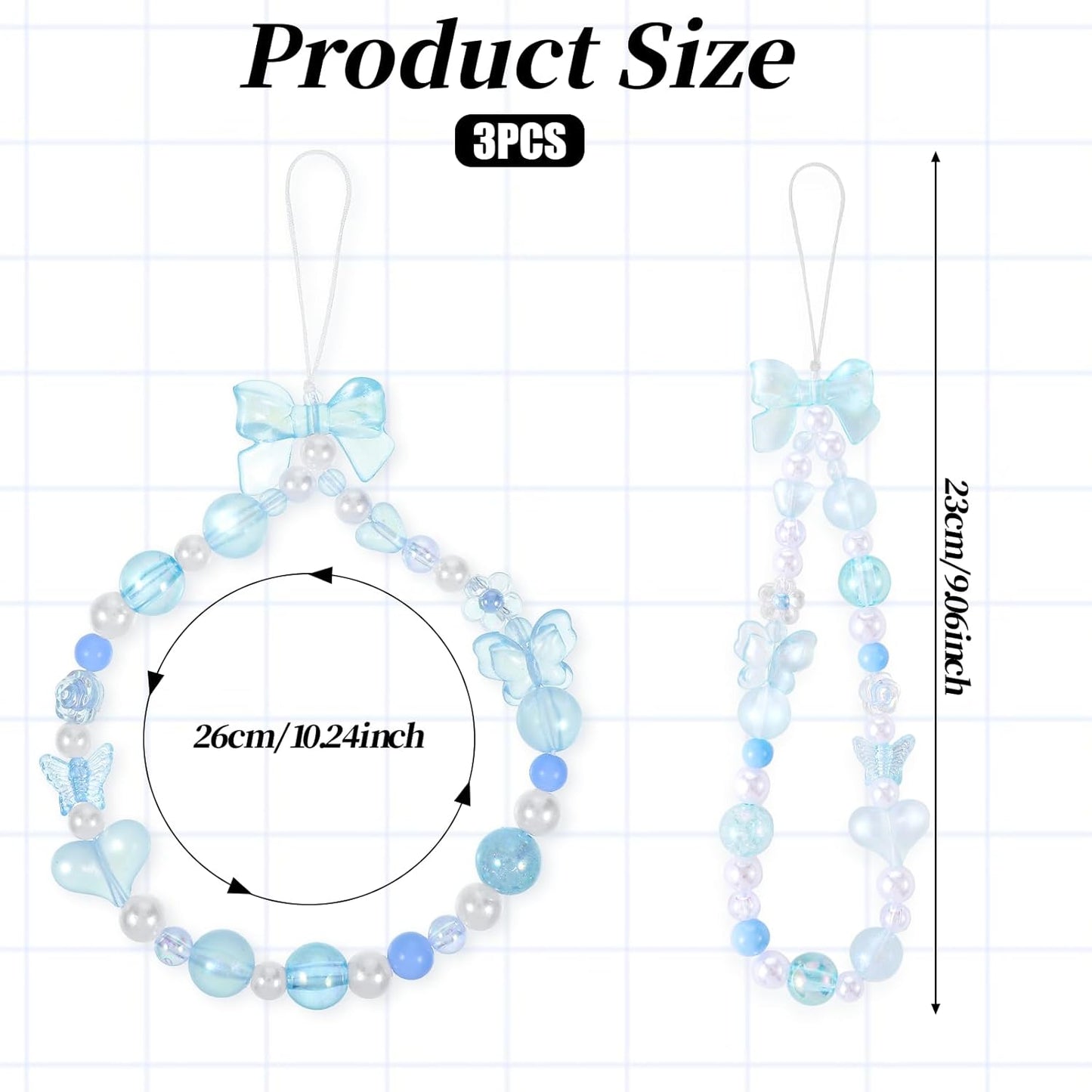 Beaded Phone Charms Strap, 3 Pcs Camera Charm Strap Wristlet Keychain Butterfly Flower Heart Bow Lanyard Chain Cute Lanyard Wrist Straps Cellphone Charm for Phone Case, Wallet (Pink, Purple, Blue)