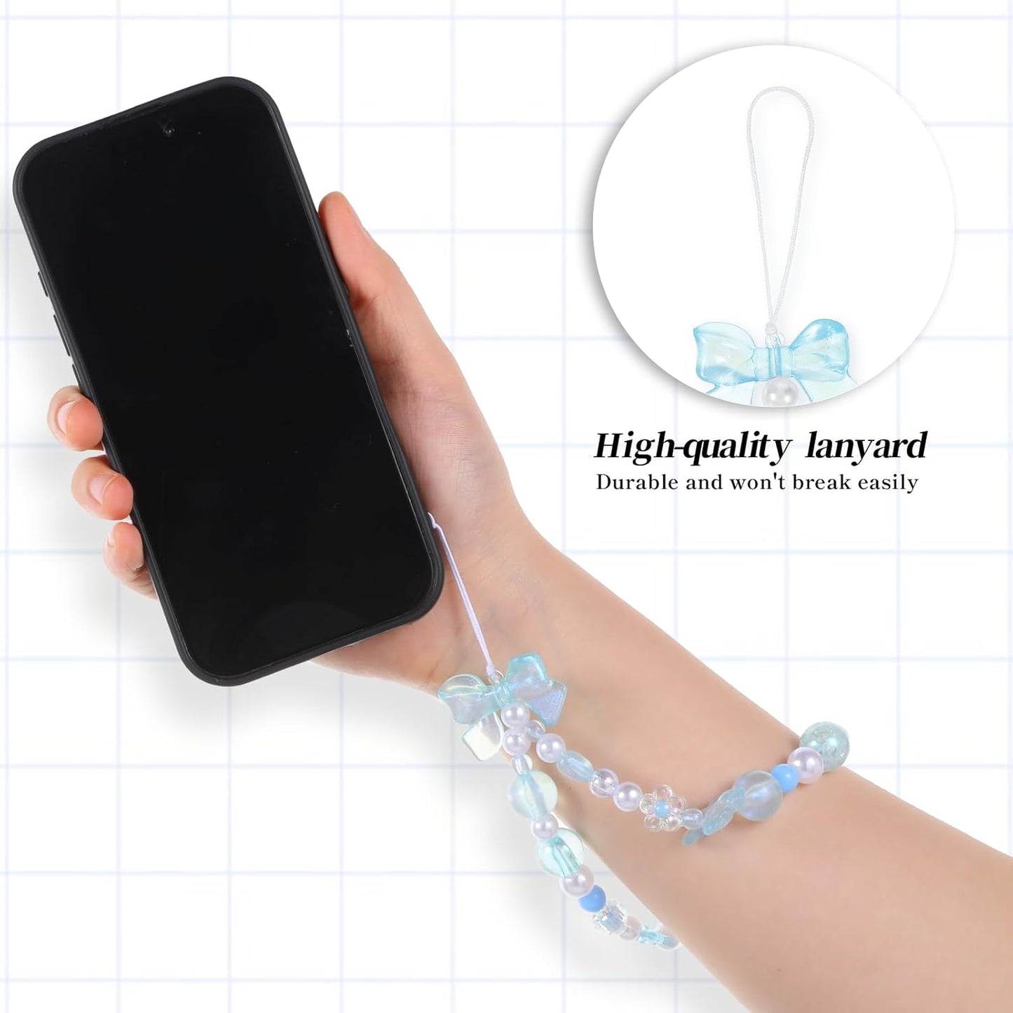 Beaded Phone Charms Strap, 3 Pcs Camera Charm Strap Wristlet Keychain Butterfly Flower Heart Bow Lanyard Chain Cute Lanyard Wrist Straps Cellphone Charm for Phone Case, Wallet (Pink, Purple, Blue)