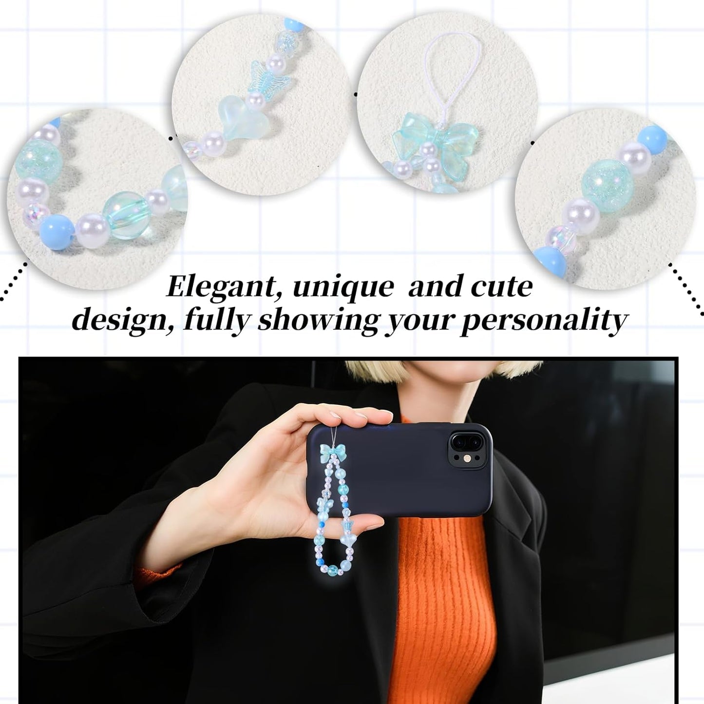 Beaded Phone Charms Strap, 3 Pcs Camera Charm Strap Wristlet Keychain Butterfly Flower Heart Bow Lanyard Chain Cute Lanyard Wrist Straps Cellphone Charm for Phone Case, Wallet (Pink, Purple, Blue)