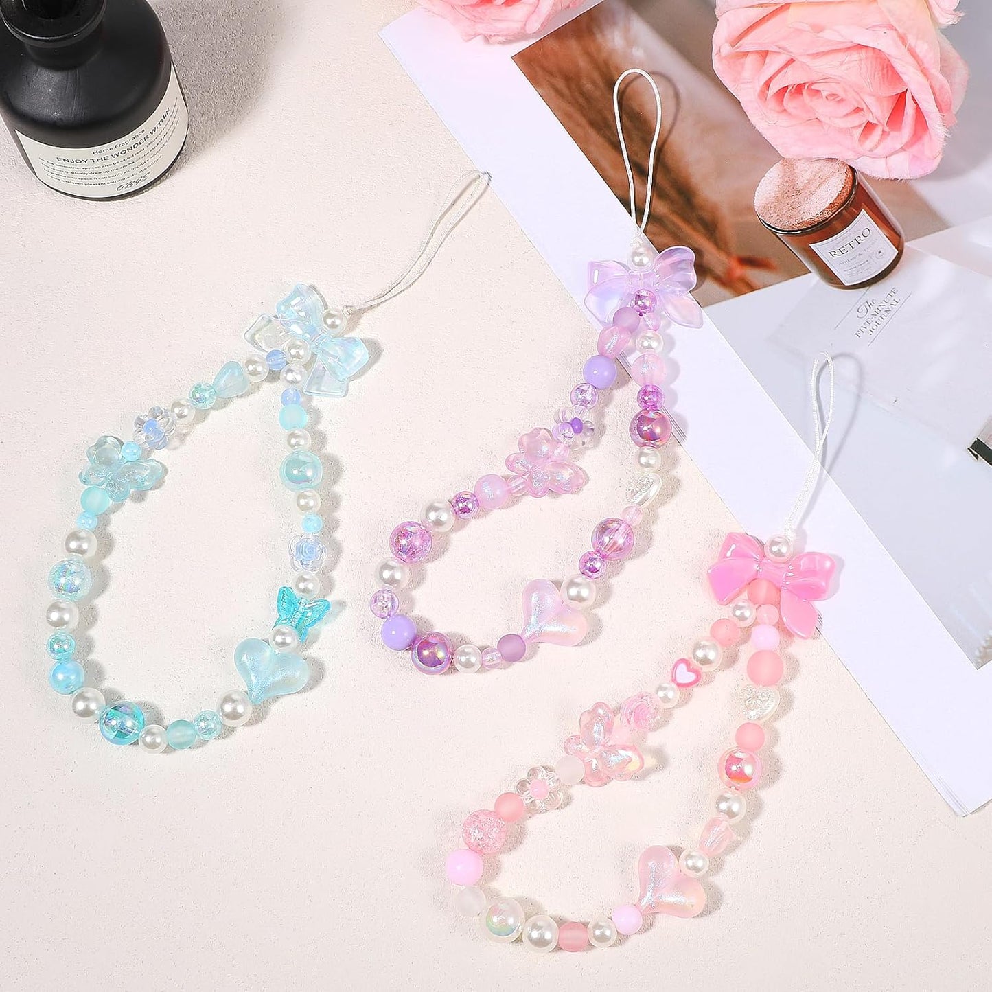 Beaded Phone Charms Strap, 3 Pcs Camera Charm Strap Wristlet Keychain Butterfly Flower Heart Bow Lanyard Chain Cute Lanyard Wrist Straps Cellphone Charm for Phone Case, Wallet (Pink, Purple, Blue)