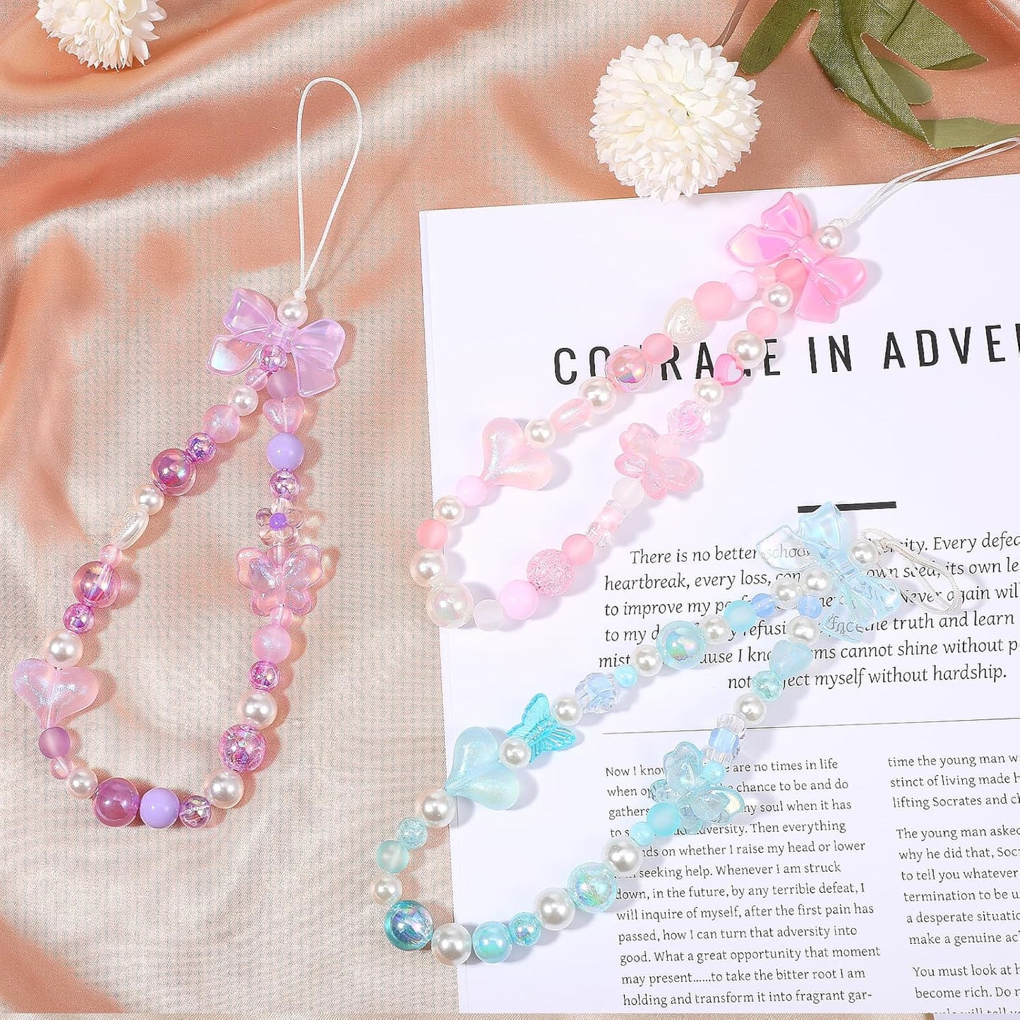 Beaded Phone Charms Strap, 3 Pcs Camera Charm Strap Wristlet Keychain Butterfly Flower Heart Bow Lanyard Chain Cute Lanyard Wrist Straps Cellphone Charm for Phone Case, Wallet (Pink, Purple, Blue)