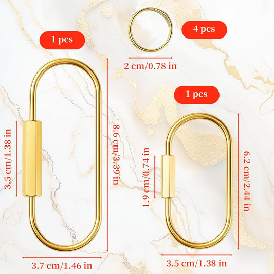 2-Pack Gold Brass Screw Lock Keychains with 4 Rings, Gold Carabiner Key Ring Keychain - 2 Sizes Keychain Clip Tool for Luggage Tags, Key Tags, Keyrings, Purse Bag Charms