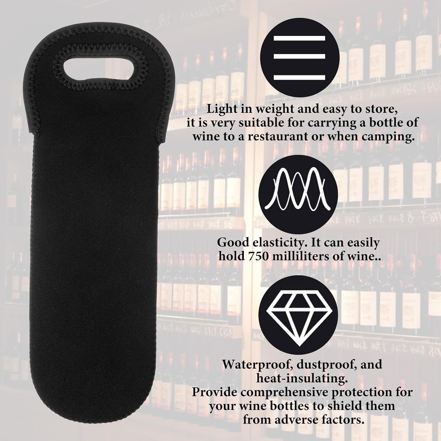 Neoprene Wine Bottle Carrier, Insulated Tote Bag, Protective Champagne & Beer Bottle Holder for Beer Water Bottles Restaurant, Travel, Gifting (Black)