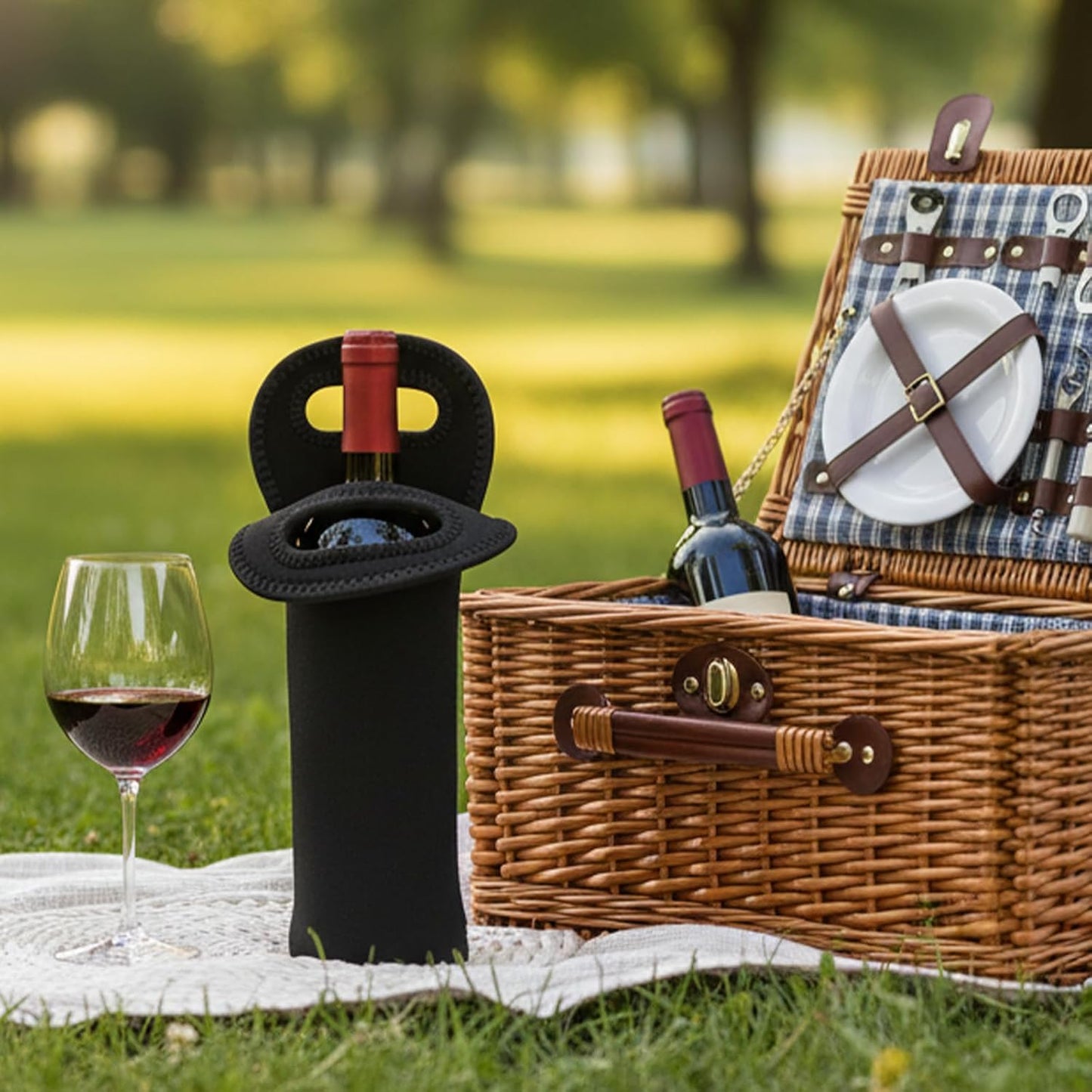 Neoprene Wine Bottle Carrier, Insulated Tote Bag, Protective Champagne & Beer Bottle Holder for Beer Water Bottles Restaurant, Travel, Gifting (Black)
