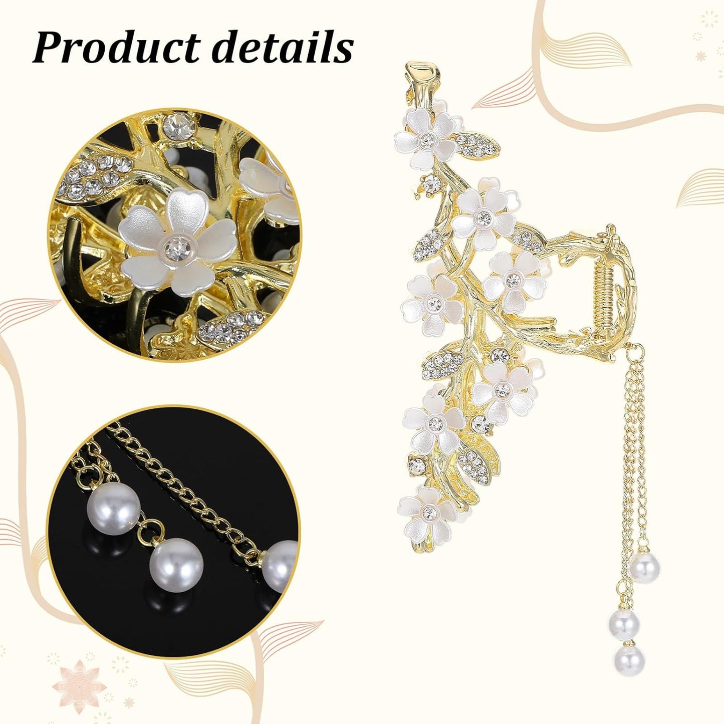 Floral Hair Clips,Elegant Lily Hair Clips with Dangling Pearls Tassel Bun Holder Gold Floral Claw Clip Lilly of the Valley Jewelry for Women