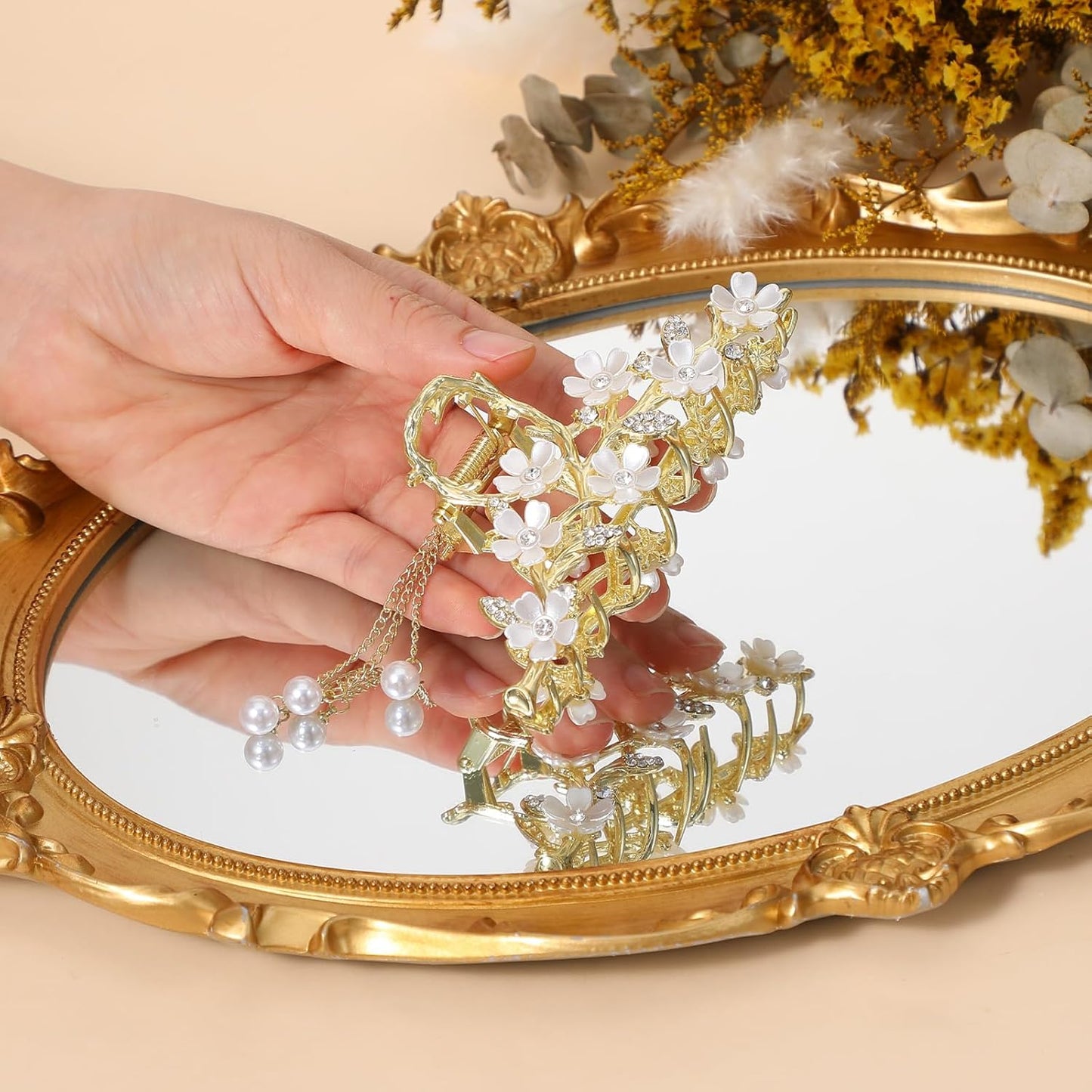 Floral Hair Clips,Elegant Lily Hair Clips with Dangling Pearls Tassel Bun Holder Gold Floral Claw Clip Lilly of the Valley Jewelry for Women
