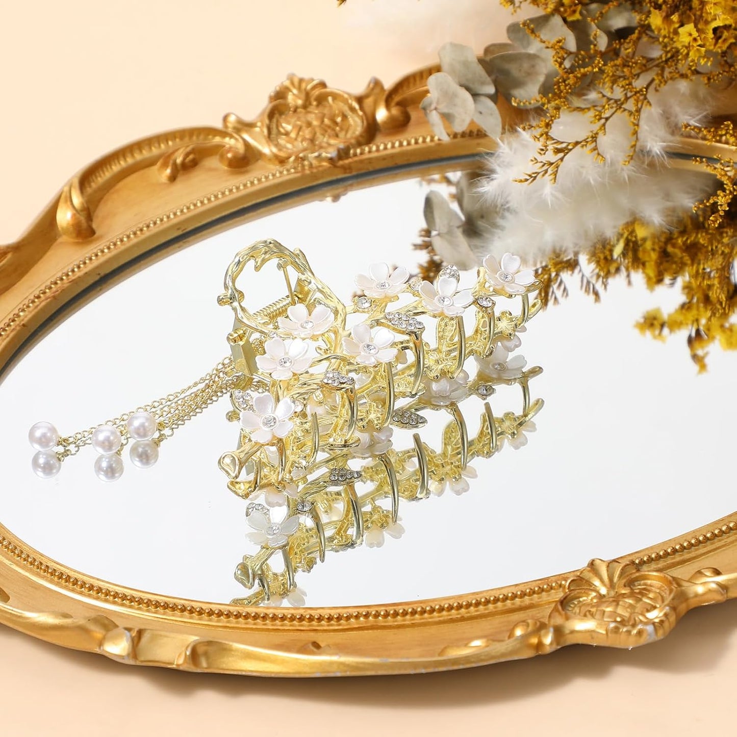 Floral Hair Clips,Elegant Lily Hair Clips with Dangling Pearls Tassel Bun Holder Gold Floral Claw Clip Lilly of the Valley Jewelry for Women