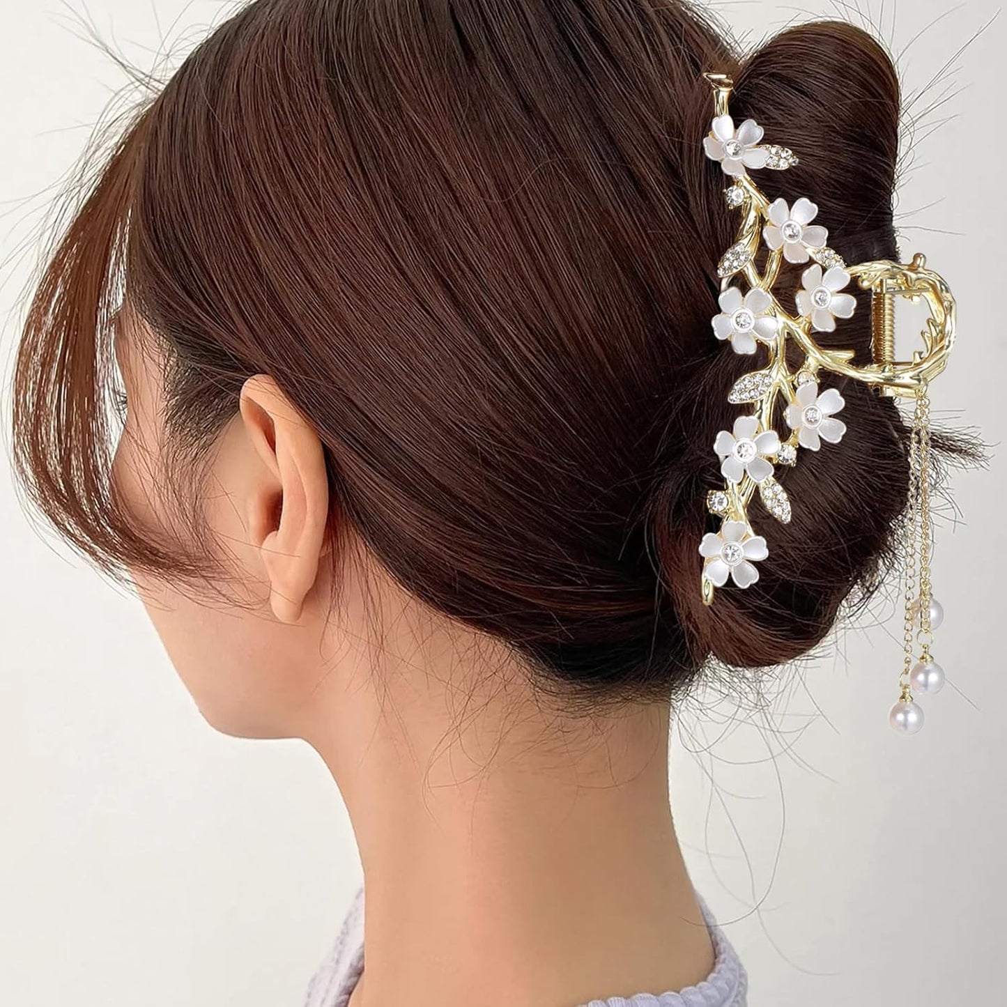 Floral Hair Clips,Elegant Lily Hair Clips with Dangling Pearls Tassel Bun Holder Gold Floral Claw Clip Lilly of the Valley Jewelry for Women
