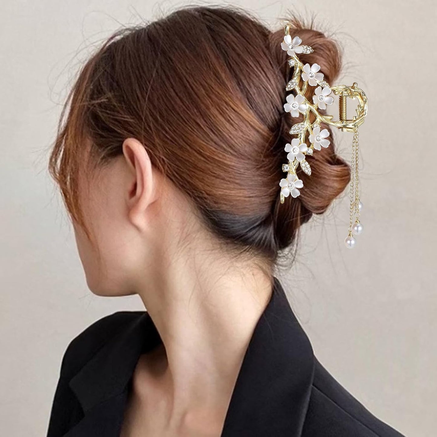Floral Hair Clips,Elegant Lily Hair Clips with Dangling Pearls Tassel Bun Holder Gold Floral Claw Clip Lilly of the Valley Jewelry for Women