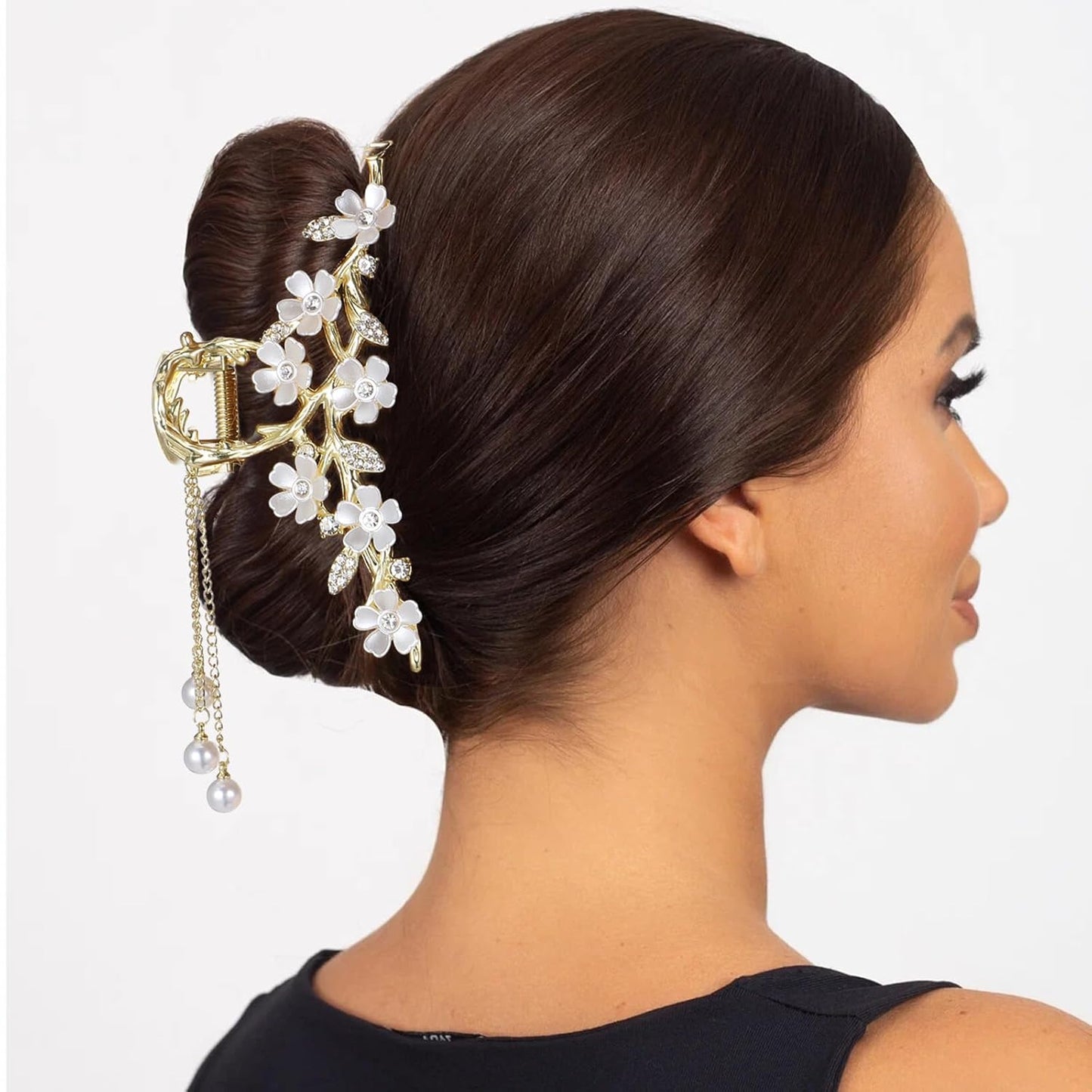 Floral Hair Clips,Elegant Lily Hair Clips with Dangling Pearls Tassel Bun Holder Gold Floral Claw Clip Lilly of the Valley Jewelry for Women