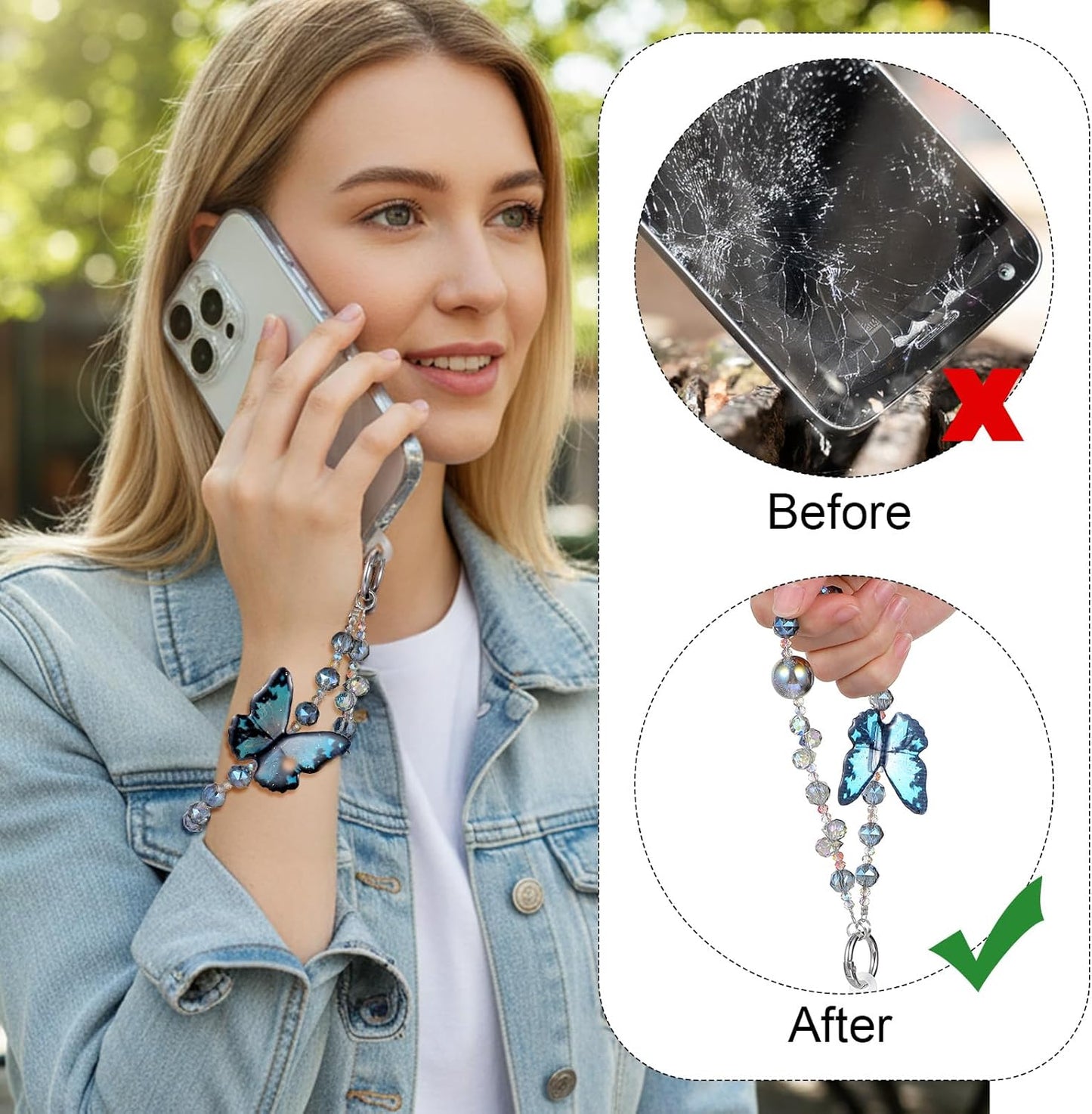Cute Phone Charm Wrist Strap with Spacer,Butterfly Beaded Phone Chain Wristlet for Case Cellphone Chain Lanyard