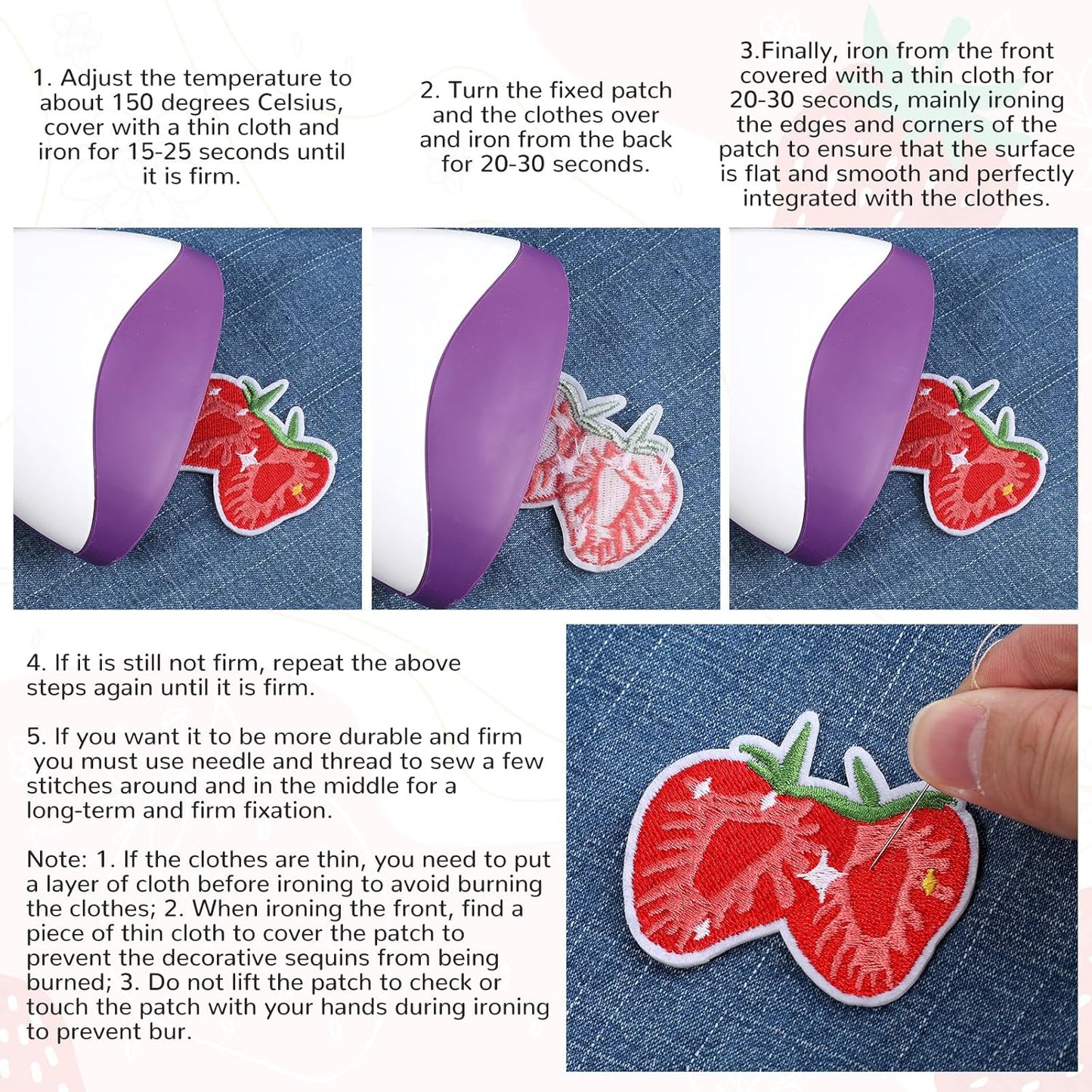 12PCS Strawberry Iron on Patches,Cute Patches Iron on Fruit Bow Embroidered Patch for Clothing Backpack Hat Bags
