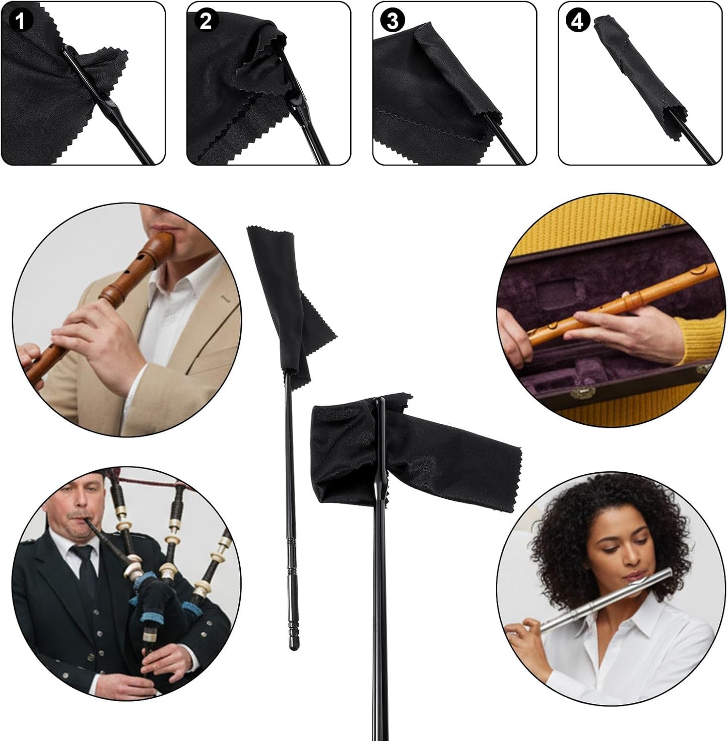 6Pcs Flute Cleaning Kit, 3Pcs Flute Cleaning Rod with 3Pcs Cleaner Polishing Cloth, Flutes Cleaner Swabs Stick Tools for Flutes Maintenance