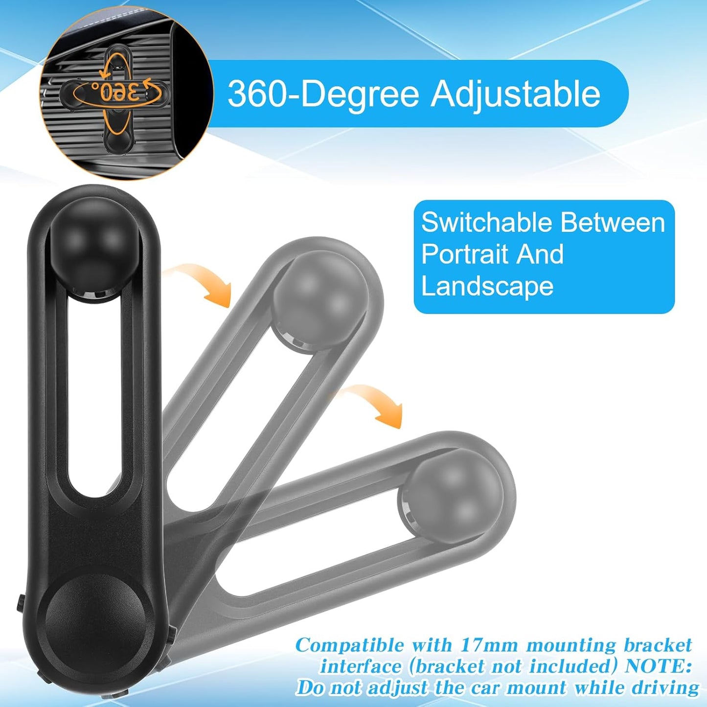 17mm Ball Mount Extension Arm, 360-Degree Rotatable Extender, 2.04 Inch Adjustable Length, Balls Mount Phone Extension Holder Arm 17mm Female to Male Ball Extender for Car Phone Holder, Black