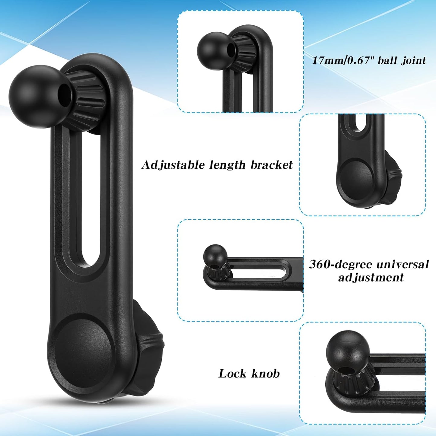 17mm Ball Mount Extension Arm, 360-Degree Rotatable Extender, 2.04 Inch Adjustable Length, Balls Mount Phone Extension Holder Arm 17mm Female to Male Ball Extender for Car Phone Holder, Black