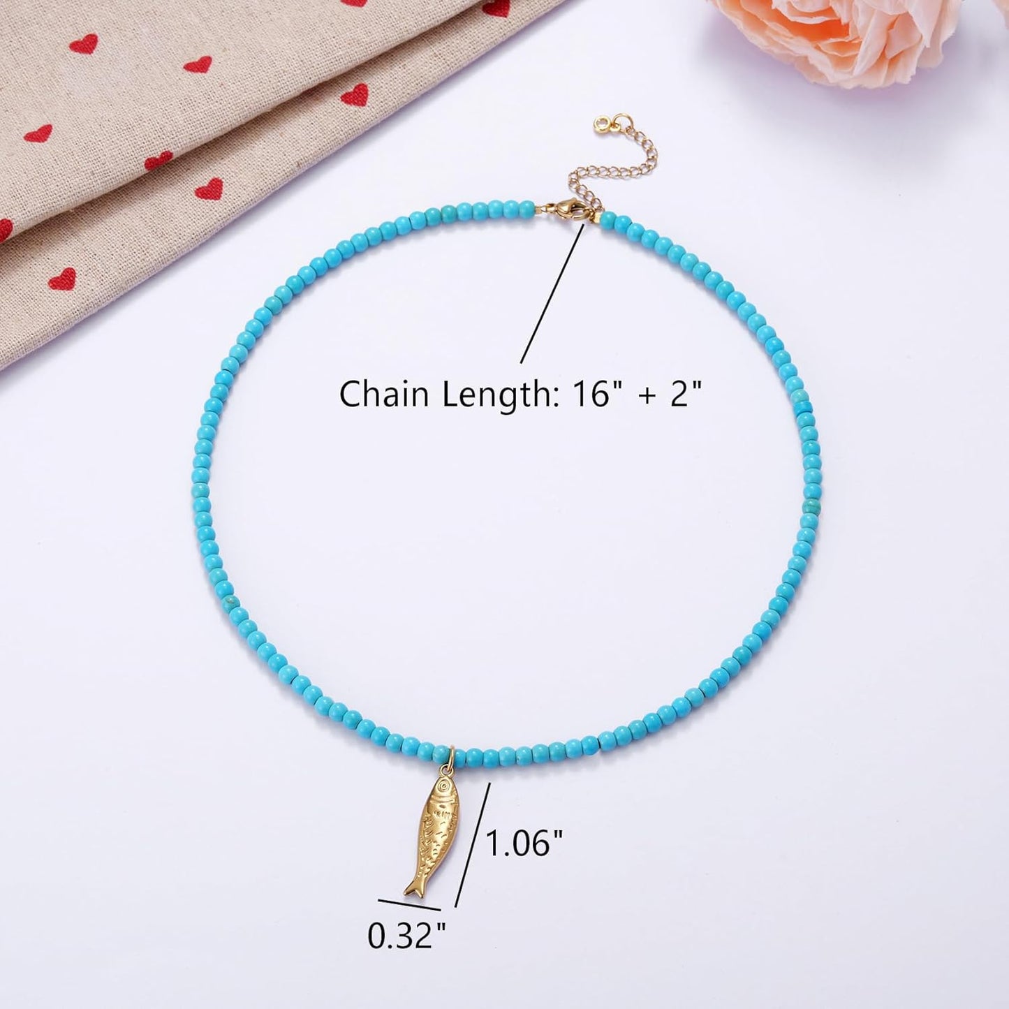Kvekstio Turquoise Beaded Choker Necklace for Women, Gold Fish Pendant Necklace with Gold Chain, Elegant Boho Beach Summer Gift